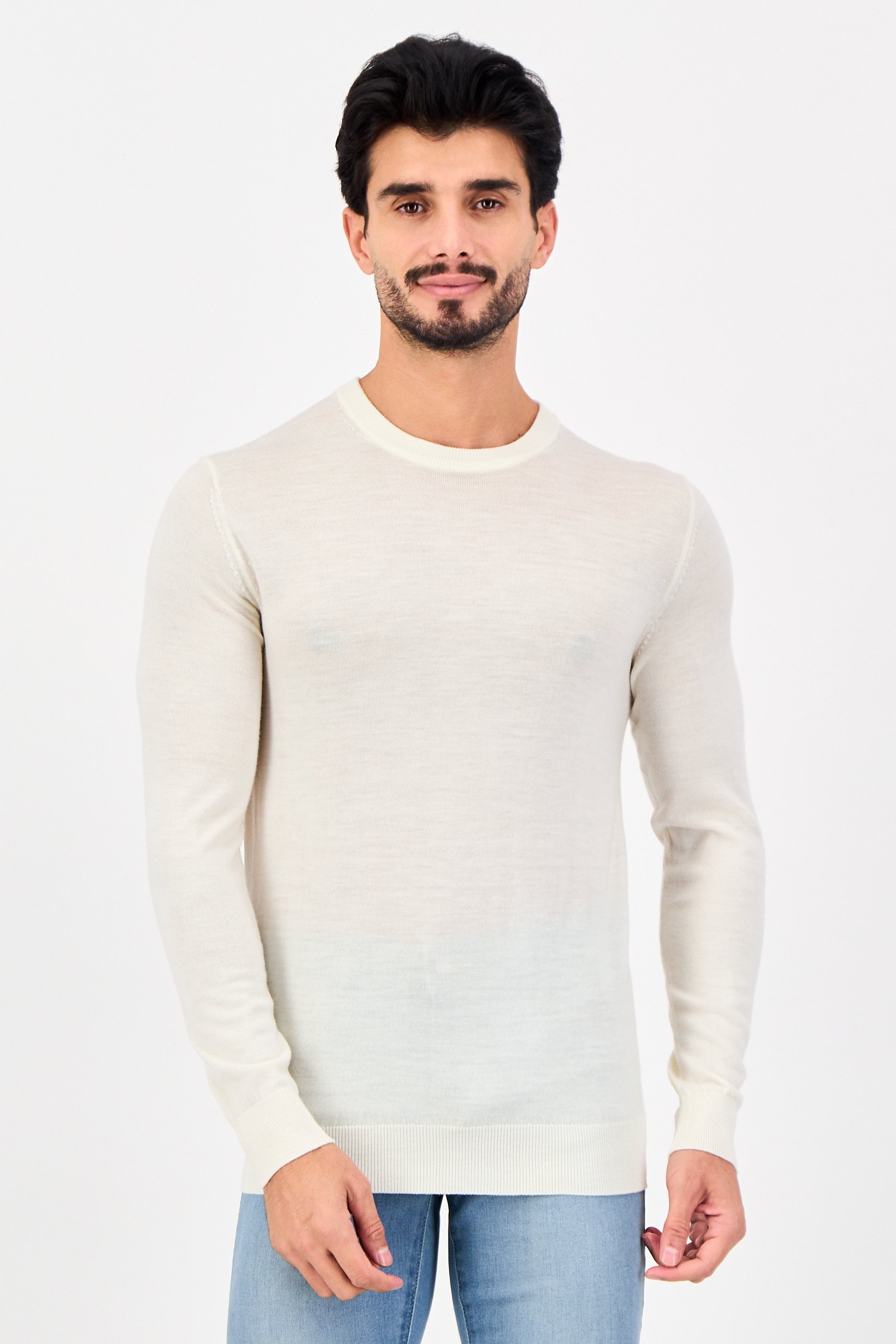Men Crew Neck Textured Sweater, Off White