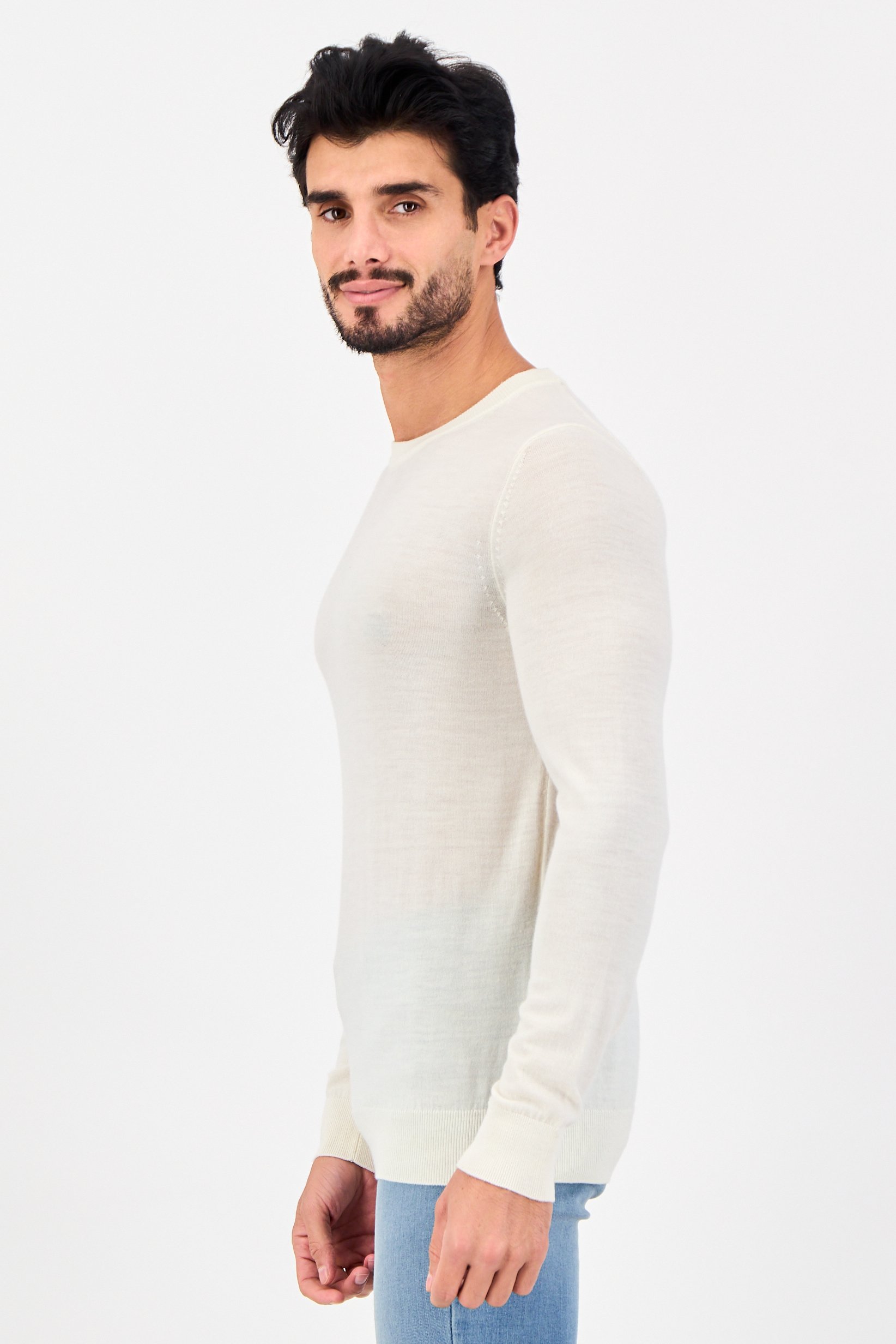 Men Crew Neck Textured Sweater, Off White