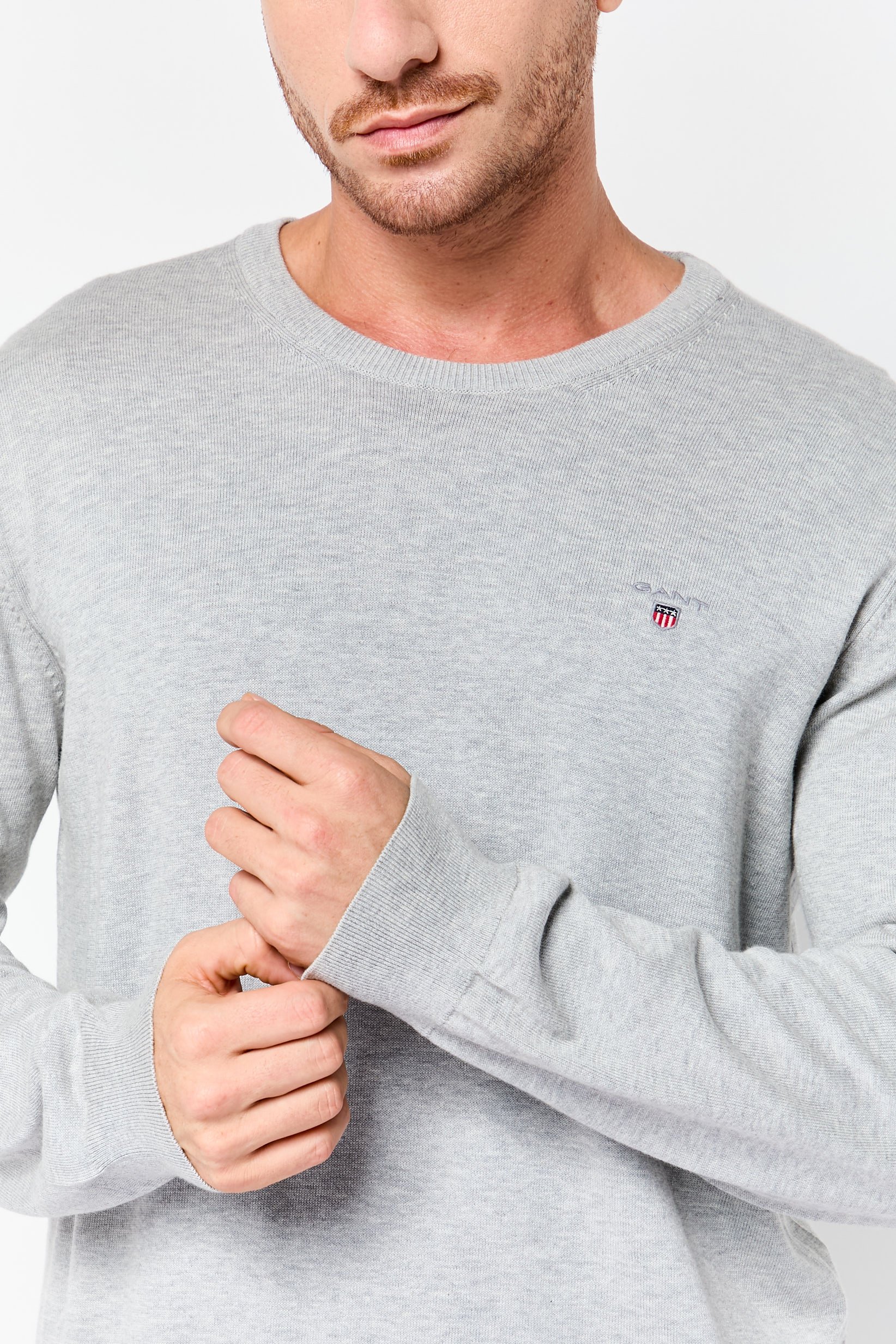 Men Crew Neck Embroidered Logo Sweater, Light Grey