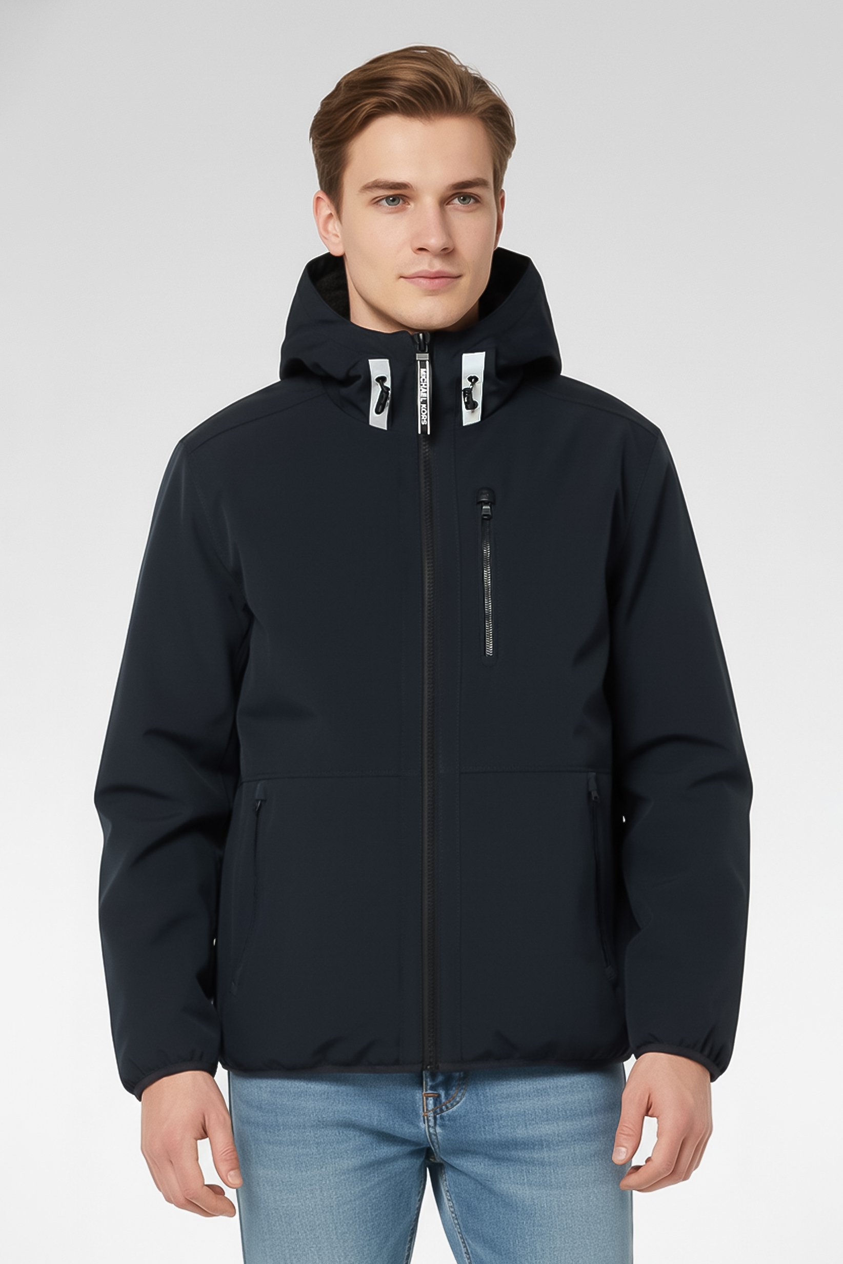 Men Hooded Brand Logo Soft Shell Jacket, Black