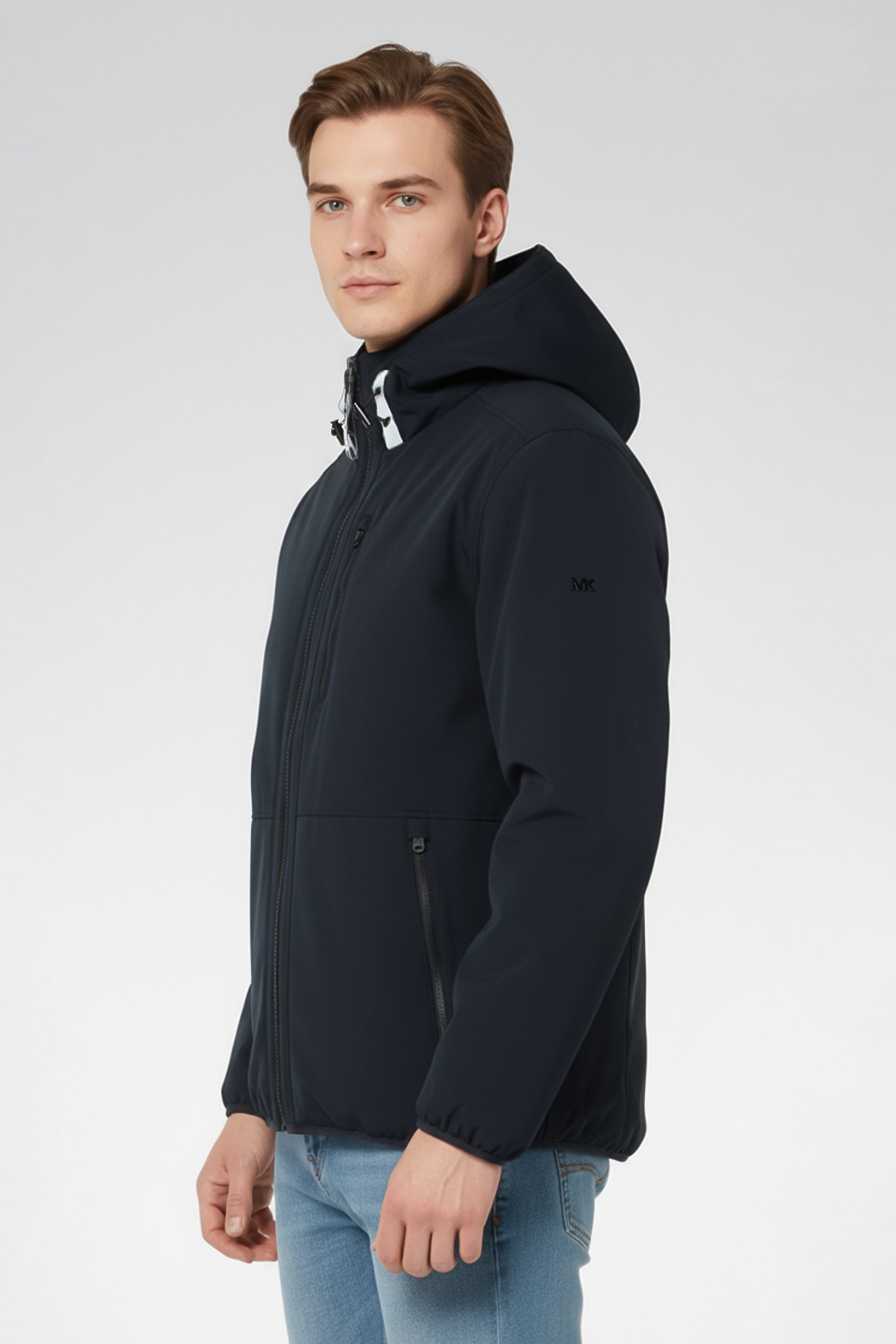 Men Hooded Brand Logo Soft Shell Jacket, Black