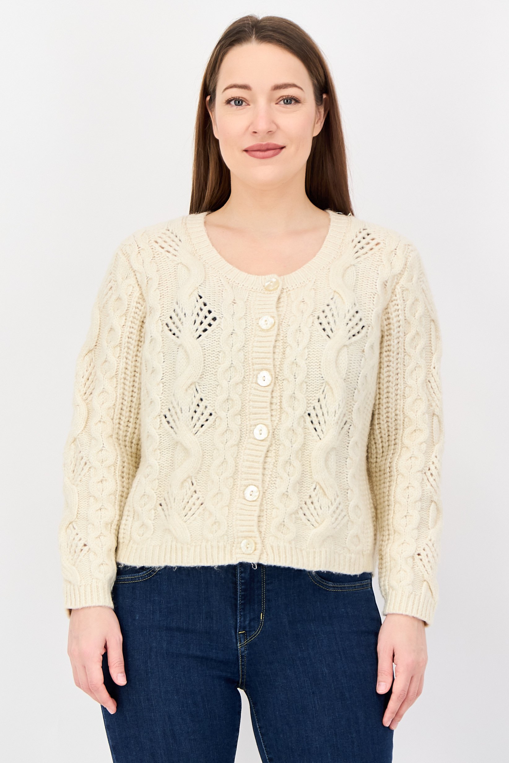 Women Crew Neck Crochet Cardigan, Ivory