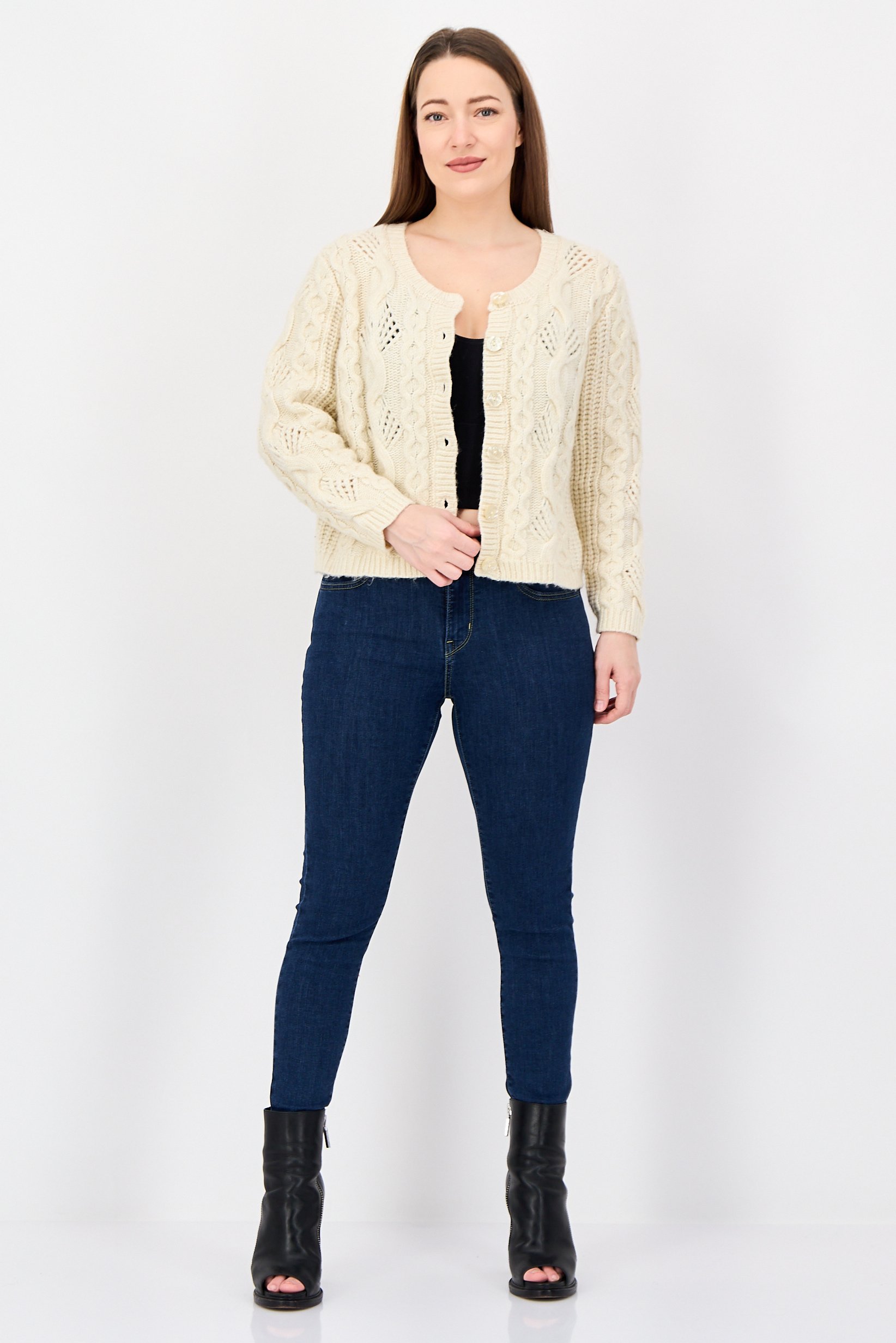 Women Crew Neck Crochet Cardigan, Ivory