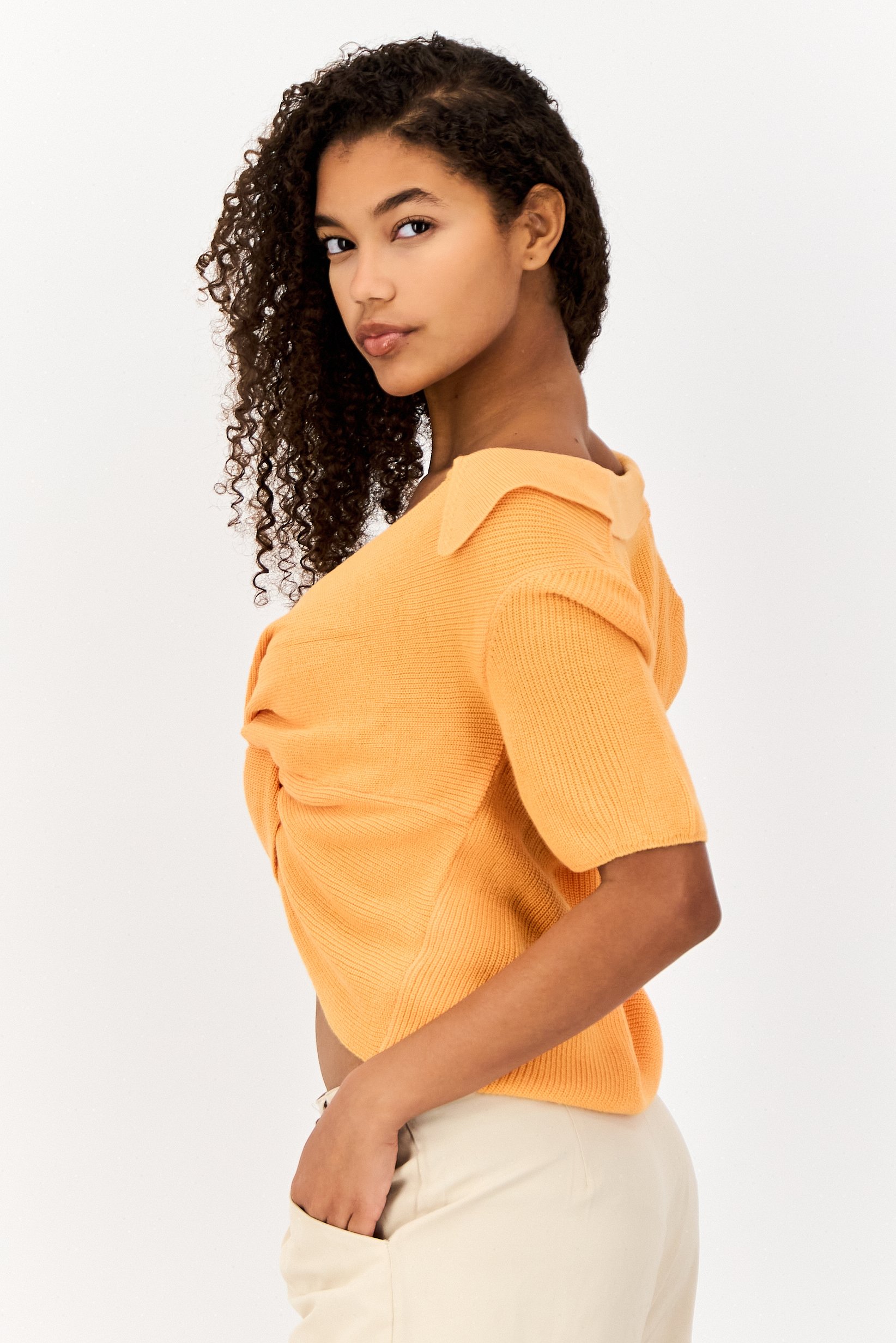 Asos Design Women V-Neck Short Sleeve Textured Top, Orange