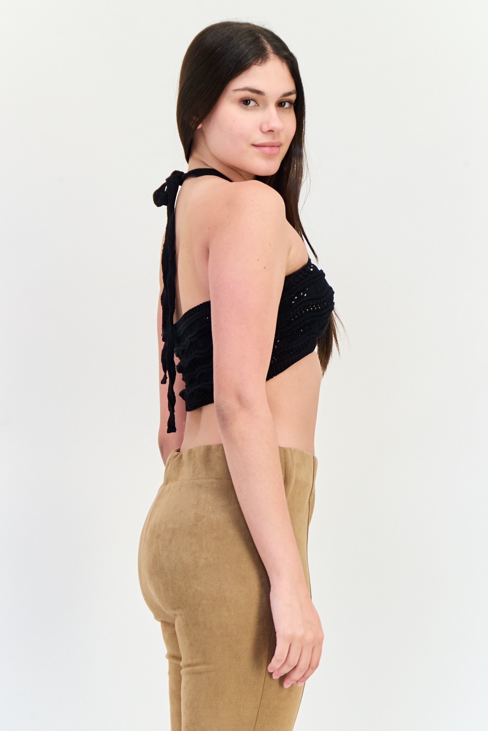 Women Halter Neck Knitted Tank Top, Black