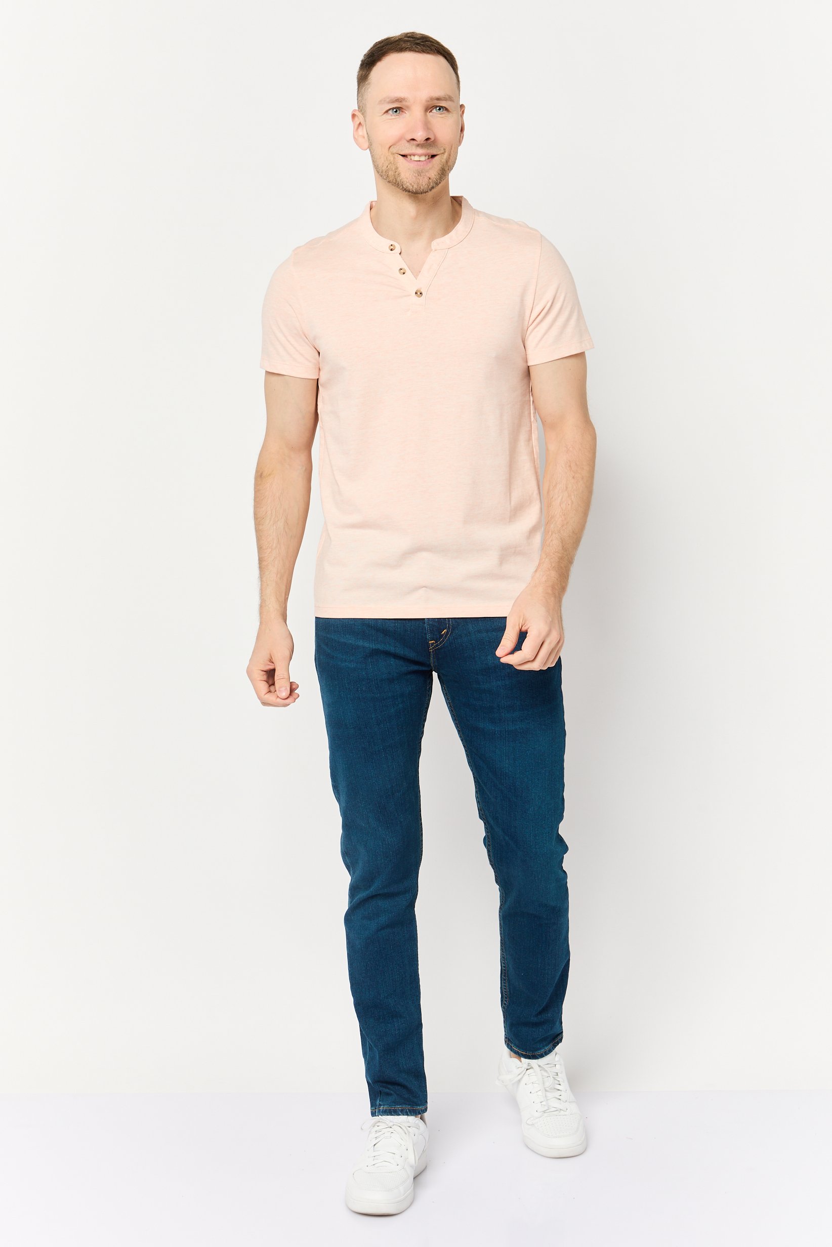 Men Band Neck Short Sleeve Solid T Shirt, Peach