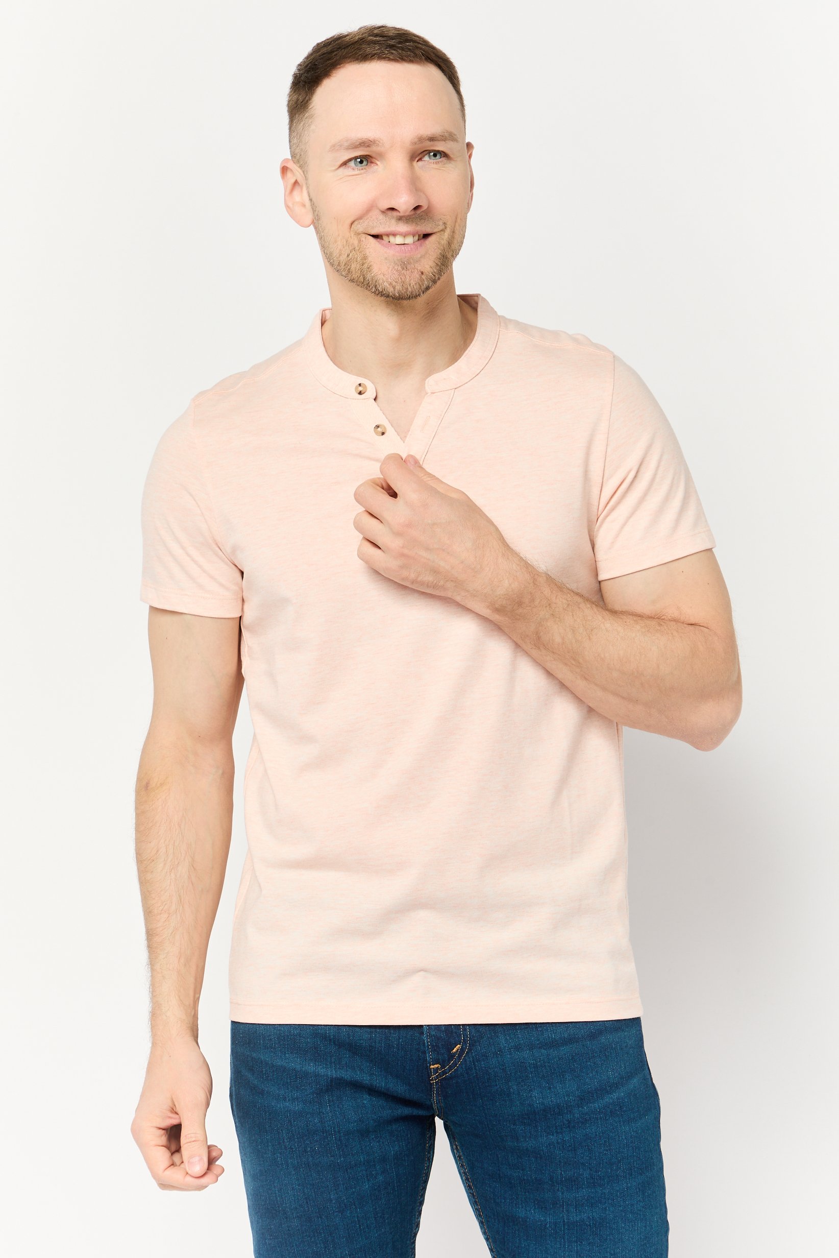 Men Band Neck Short Sleeve Solid T Shirt, Peach