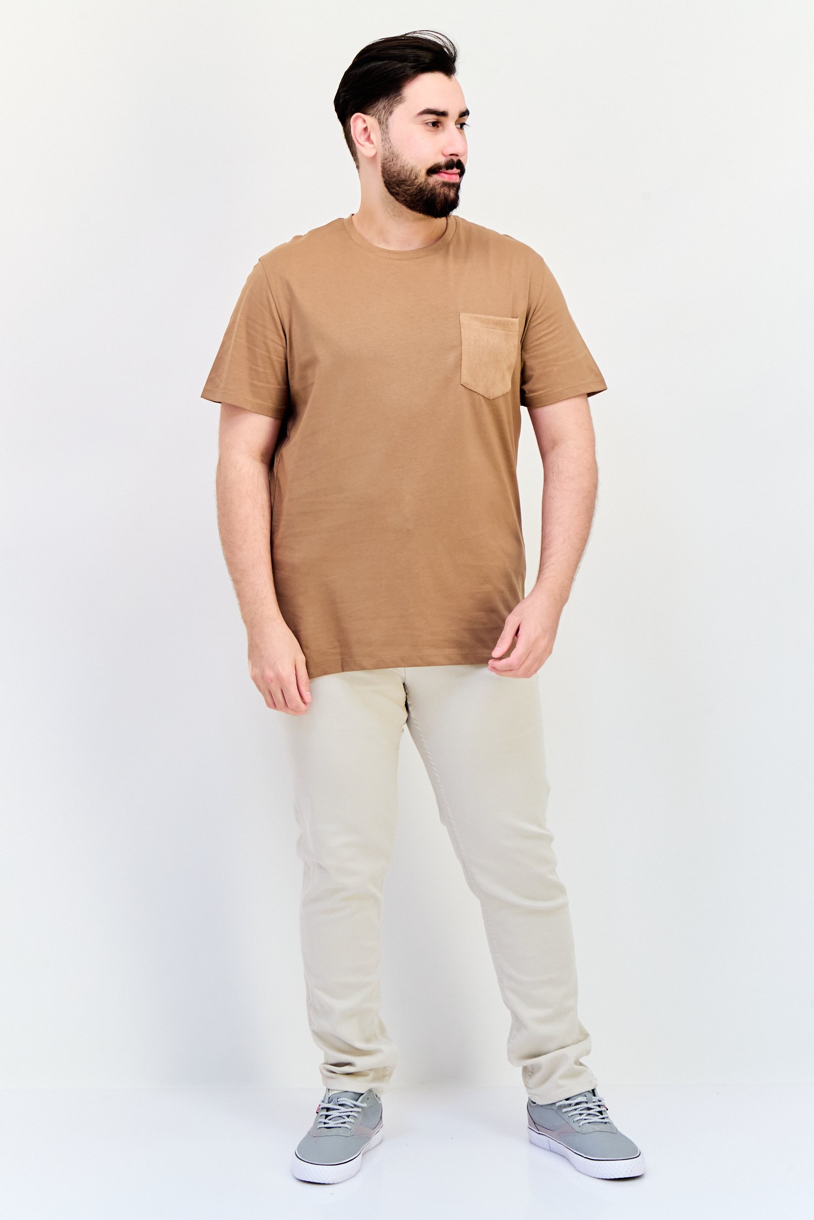 Men Crew Neck Short Sleeves Plain T-Shirt, Brown