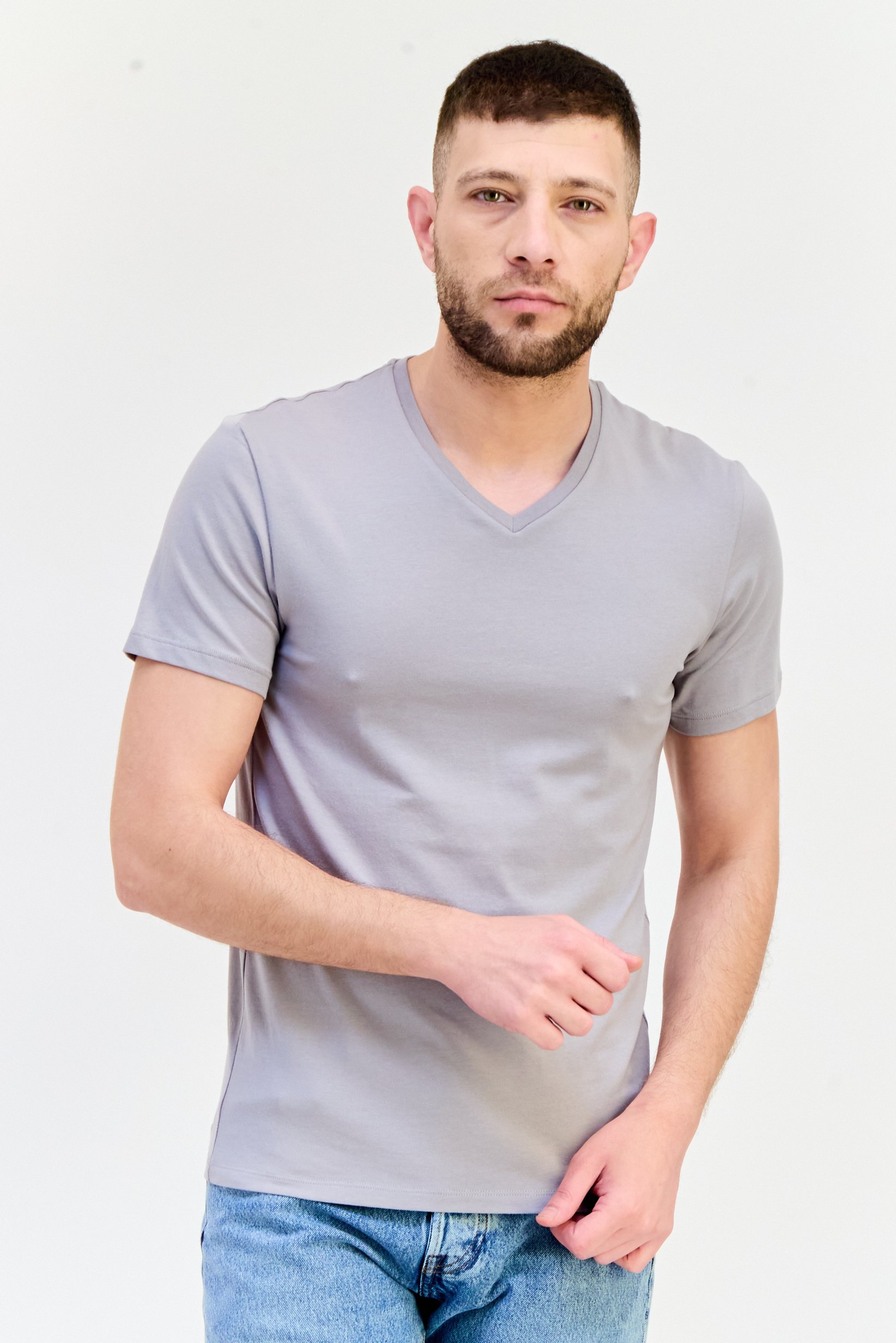 Men V-Neck Short Sleeves Plain T-Shirt, Grey