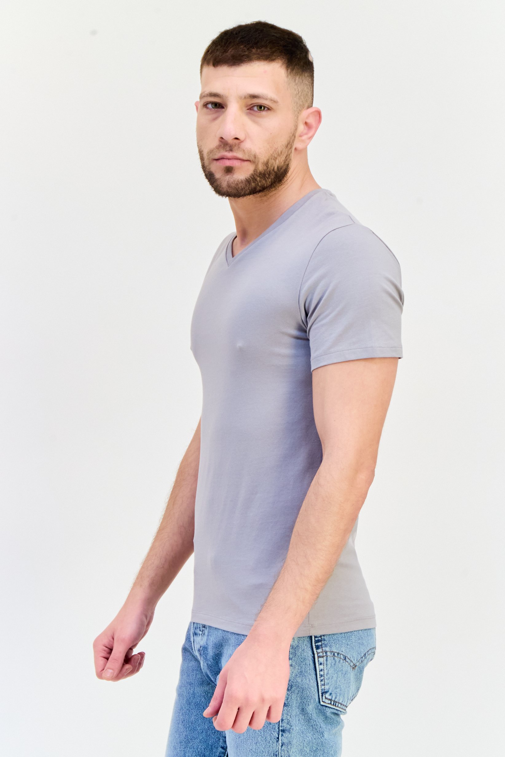 Men V-Neck Short Sleeves Plain T-Shirt, Grey