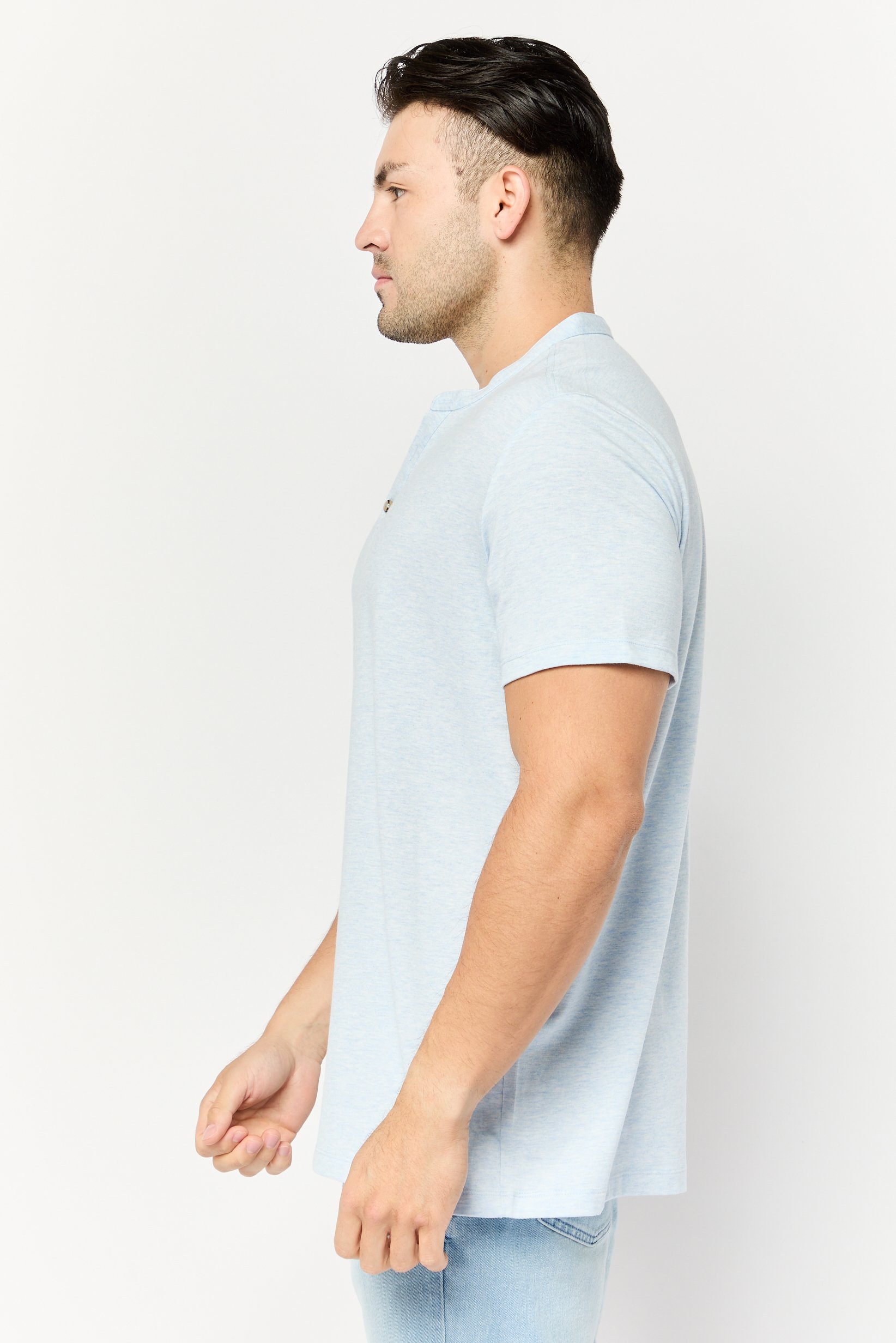 Men Band Collar Short Sleeve Solid T Shirt, Light Blue