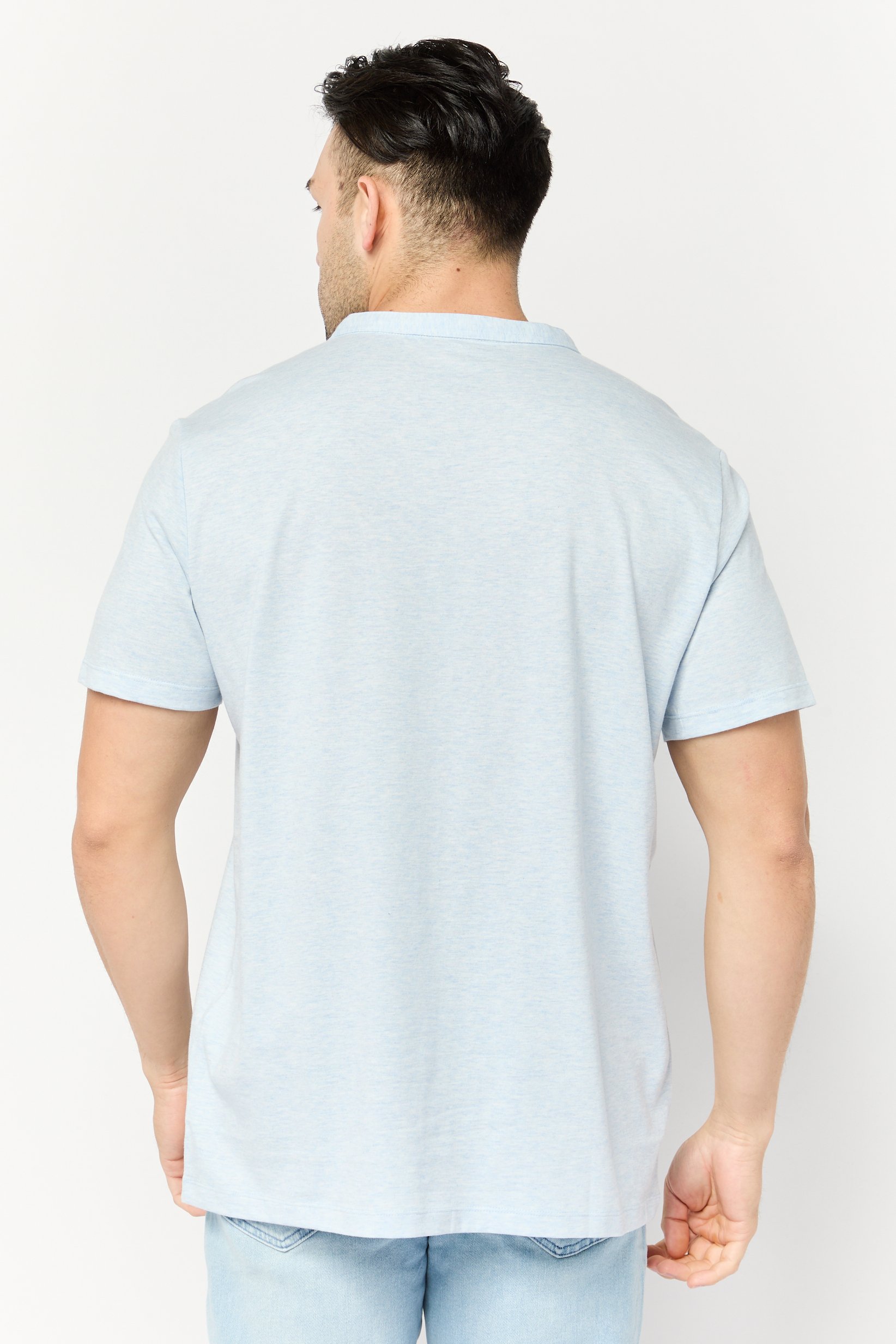 Men Band Collar Short Sleeve Solid T Shirt, Light Blue