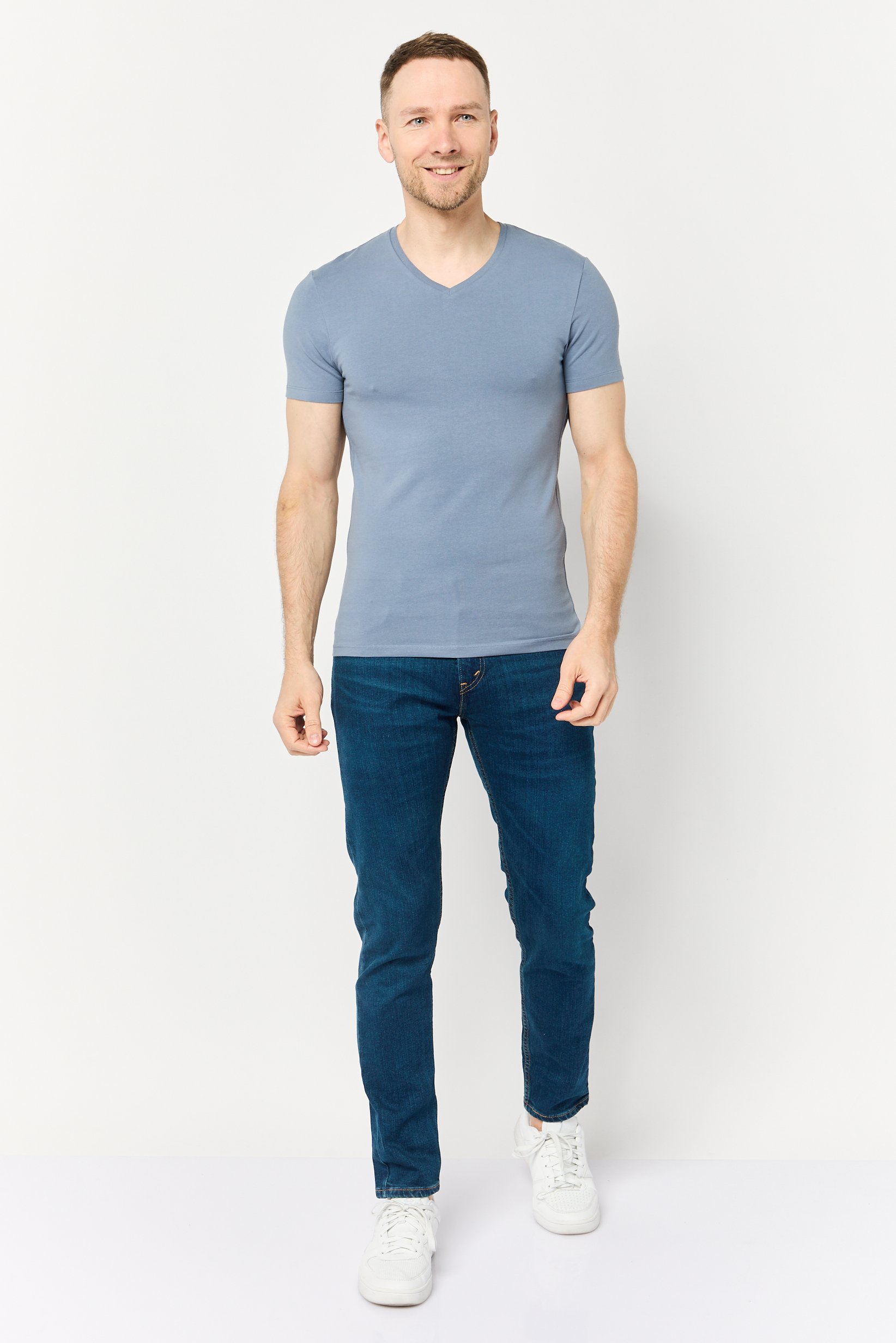 Men V Neck Short Sleeve Solid T Shirt, Stone Blue
