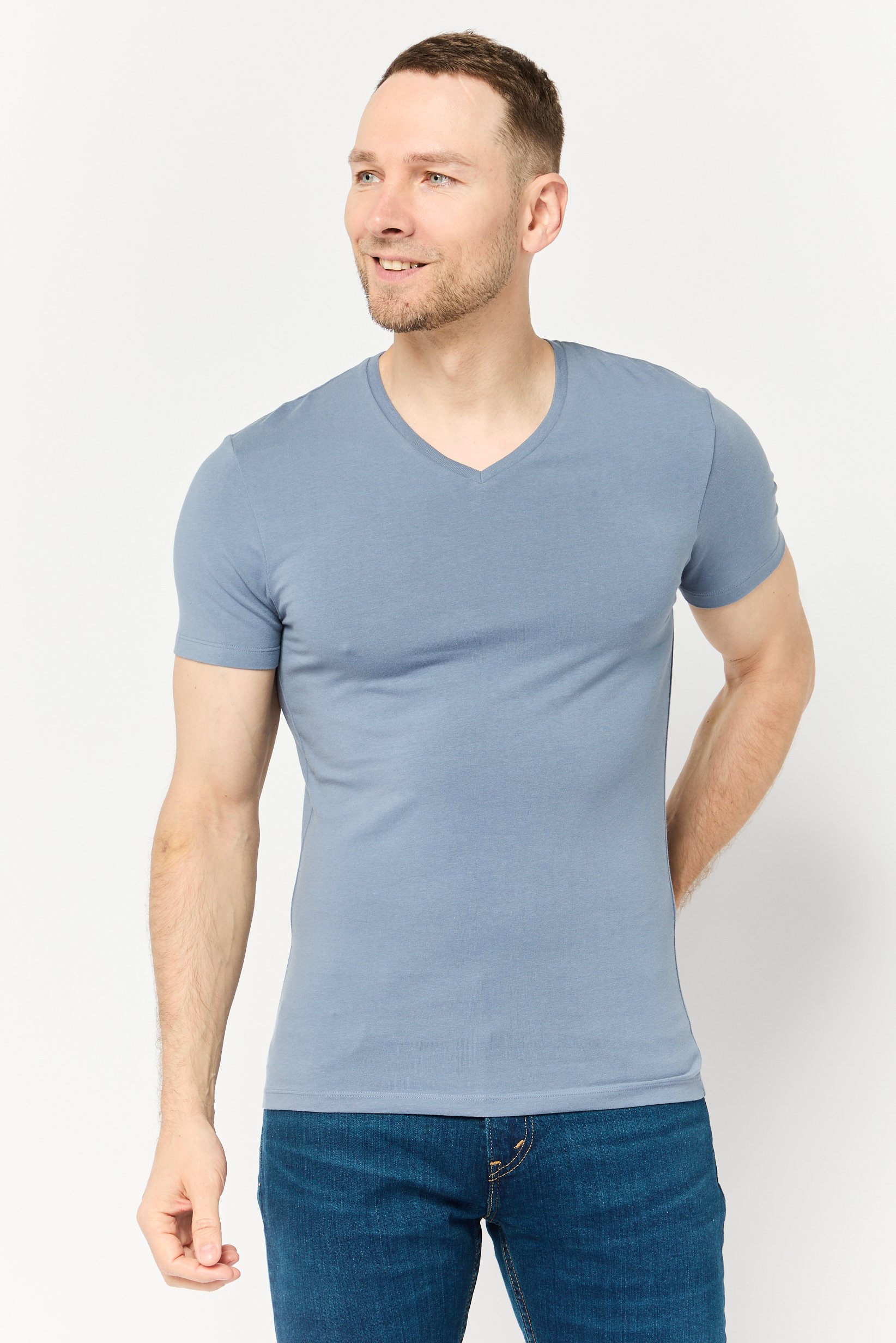 Men V Neck Short Sleeve Solid T Shirt, Stone Blue