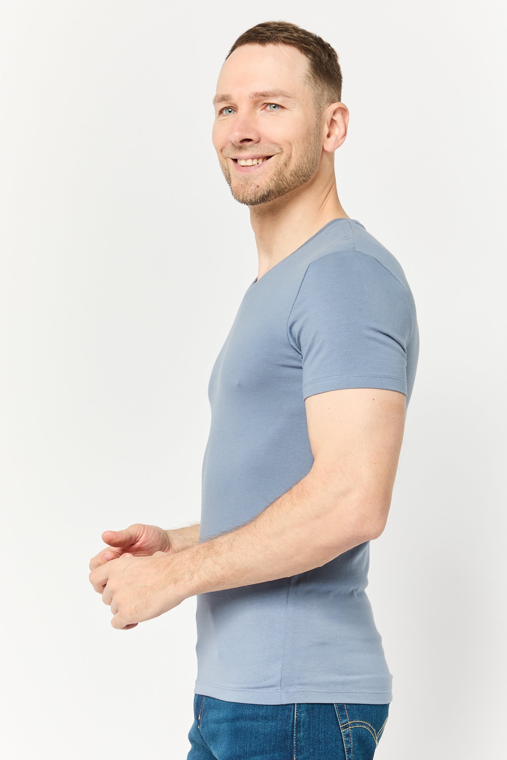 Men V Neck Short Sleeve Solid T Shirt, Stone Blue