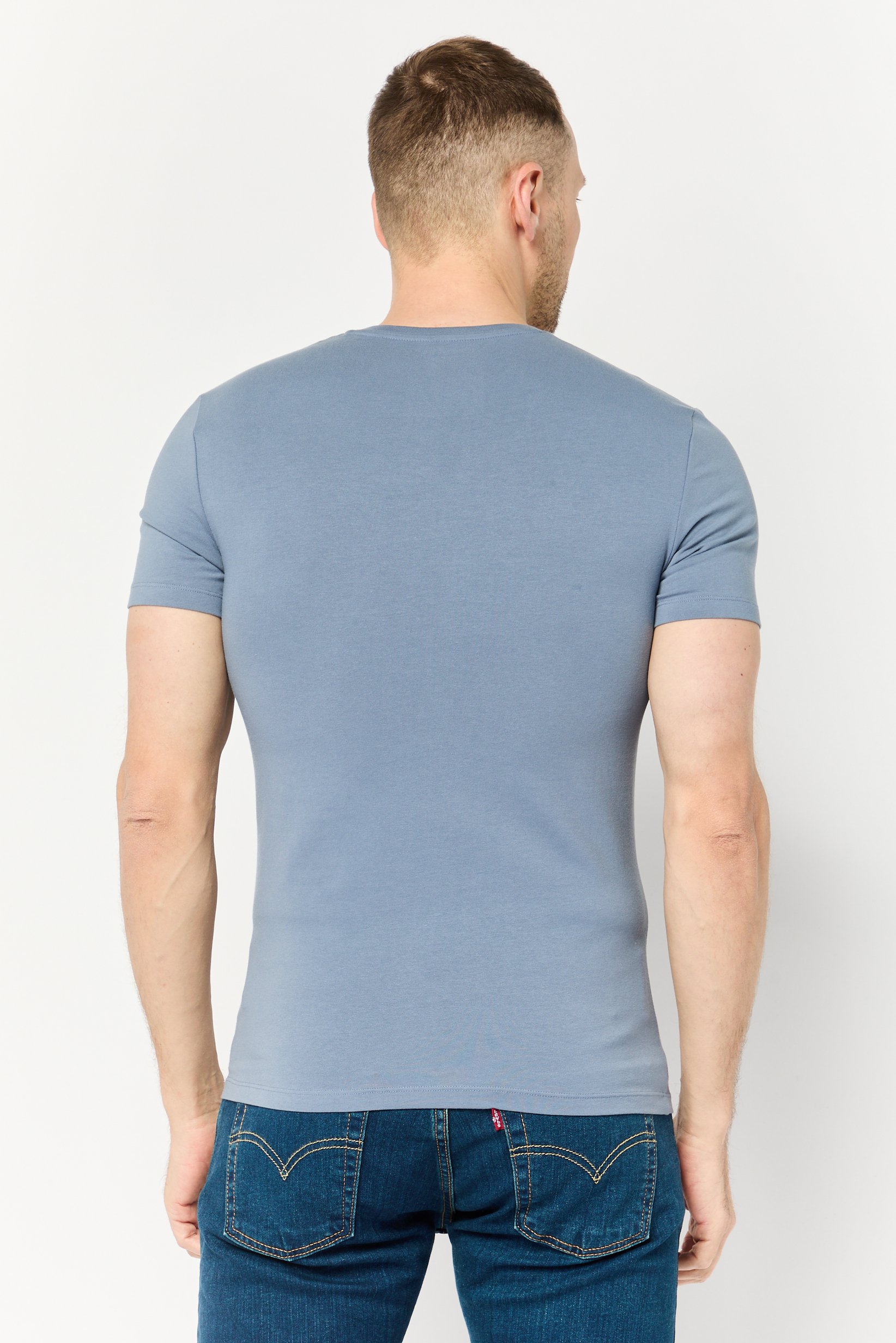 Men V Neck Short Sleeve Solid T Shirt, Stone Blue