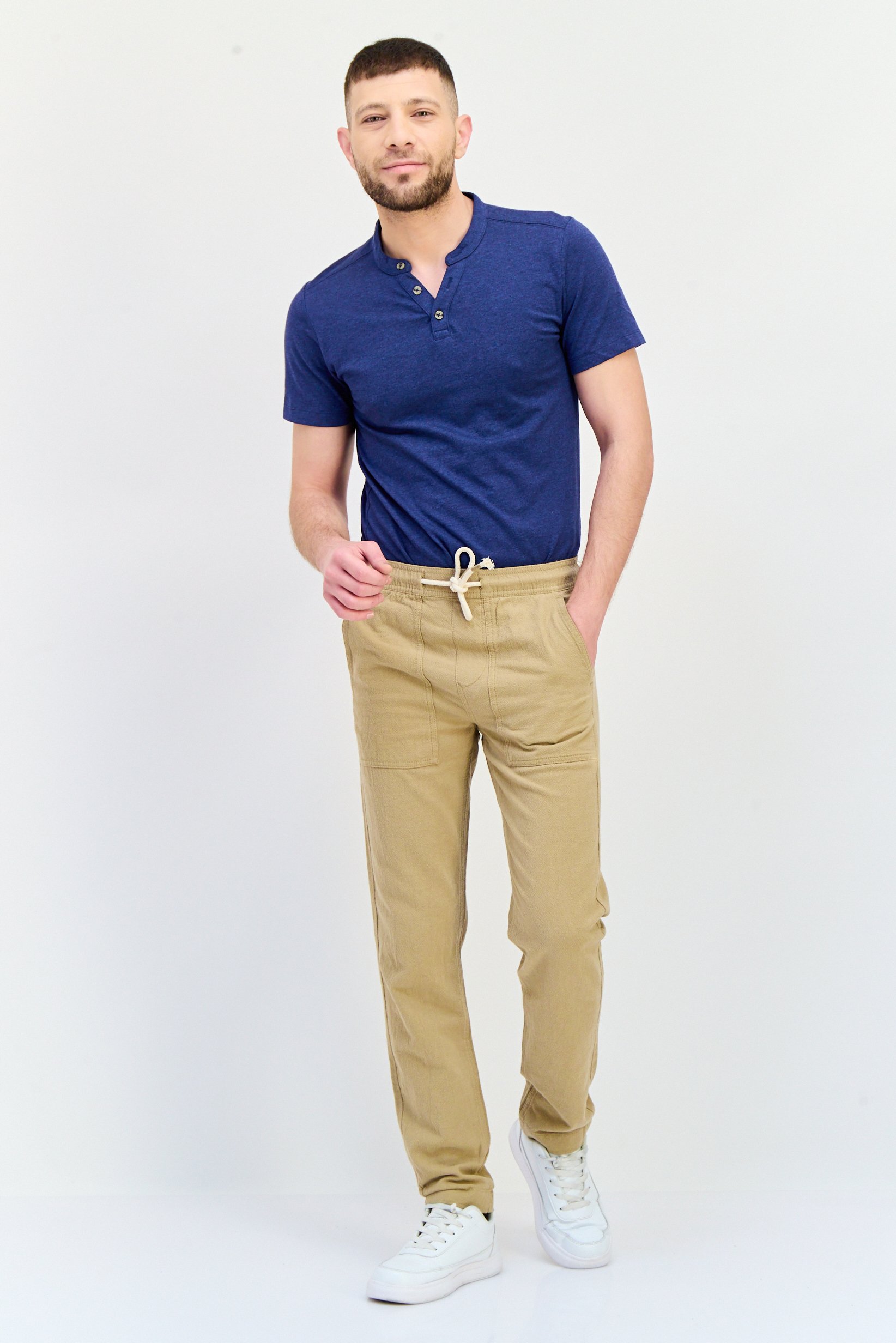 Men Regular Fit Textured Straight Leg Pants, Beige