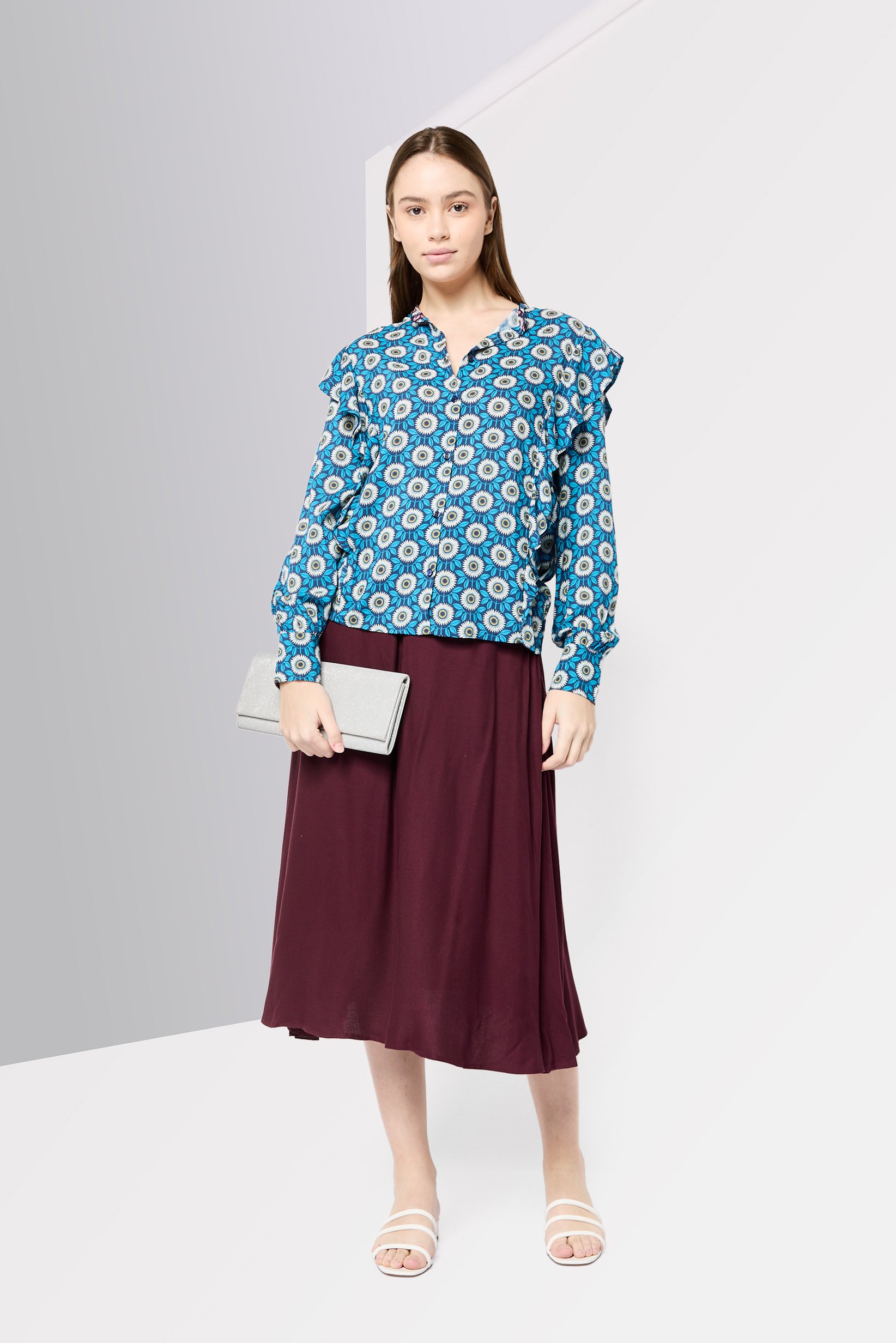 Women Band Collar Long Sleeves Graphic Print Blouse, Multicolor