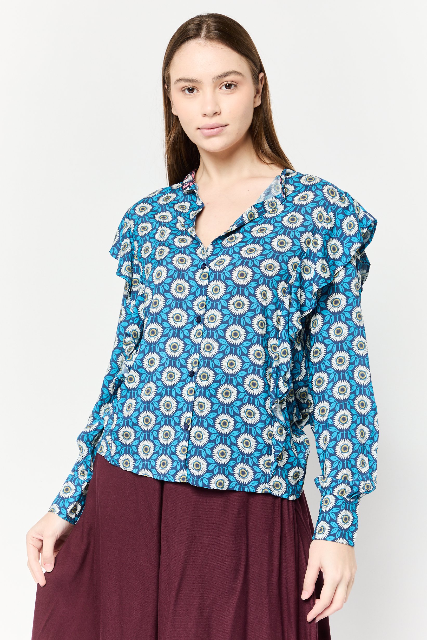 Women Band Collar Long Sleeves Graphic Print Blouse, Multicolor