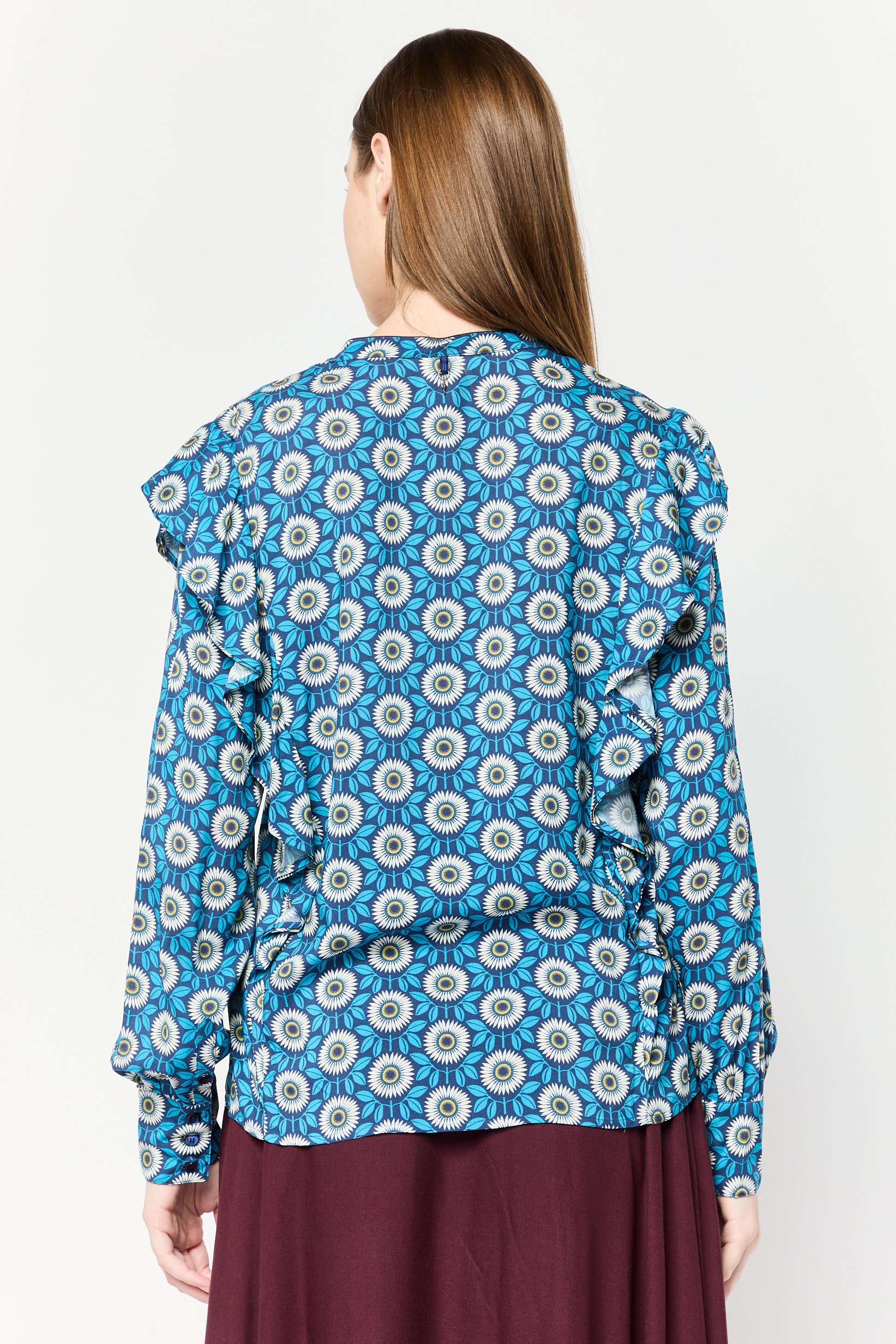 Women Band Collar Long Sleeves Graphic Print Blouse, Multicolor