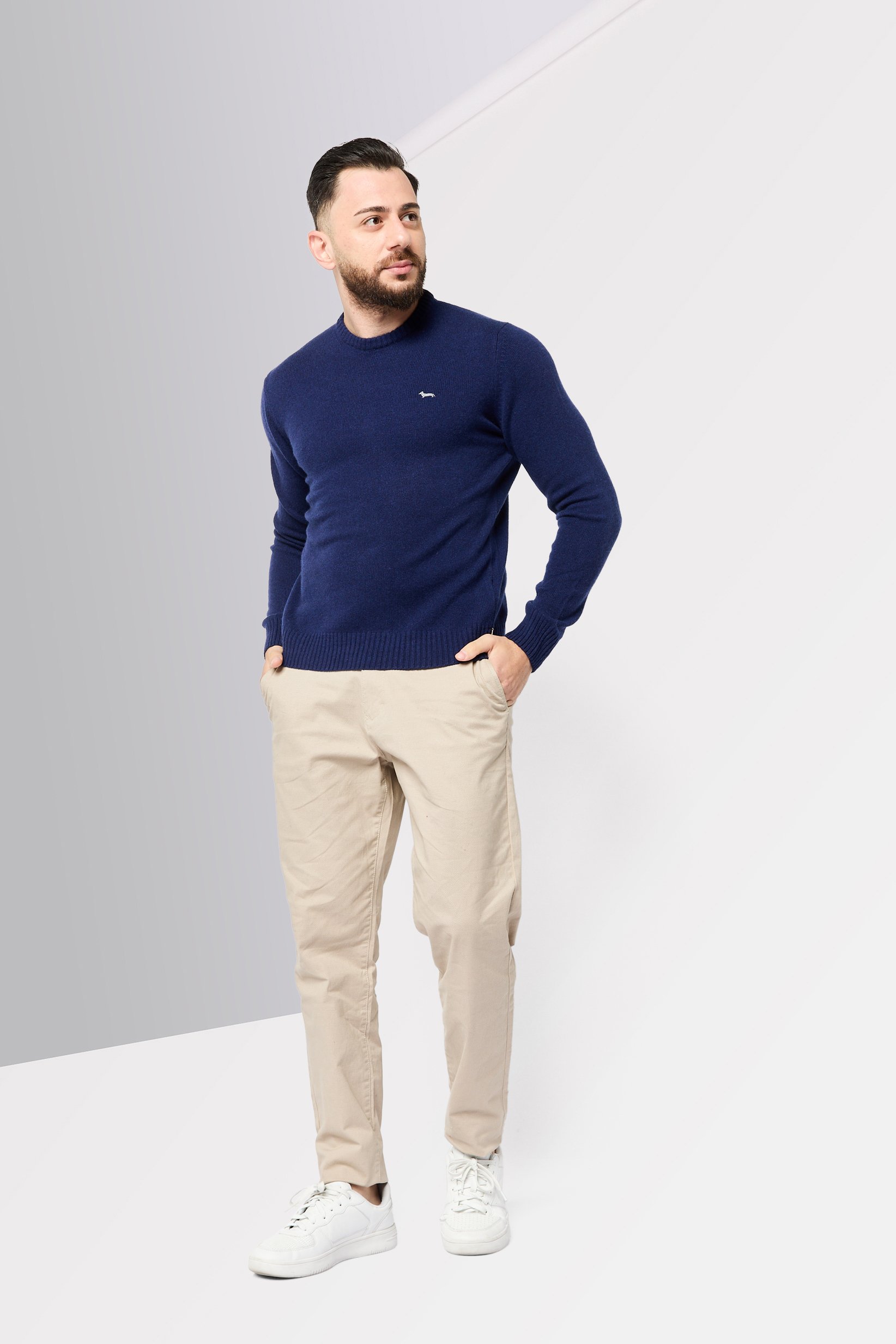 Men Ribbed Neck Embroidered Sweater, Navy