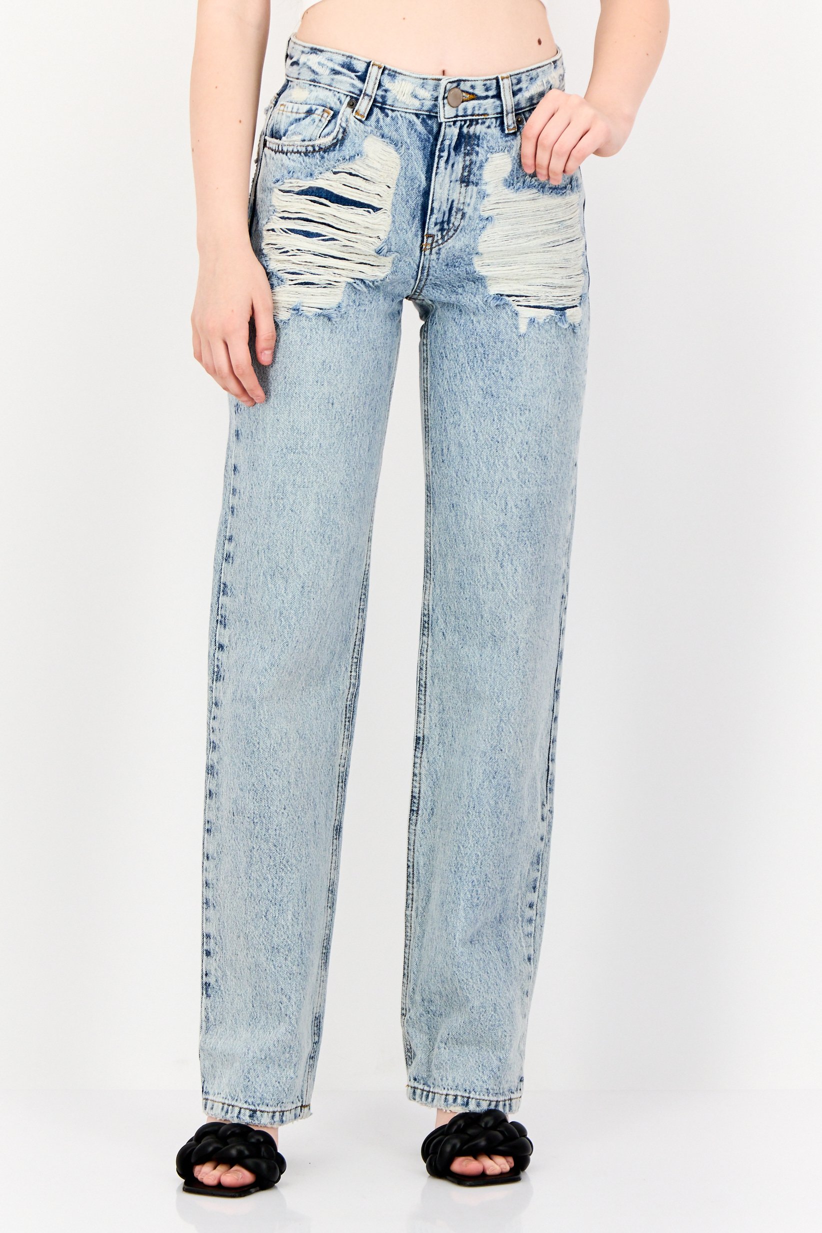 Women Straight Fit Mid Waist Distressed Non-Stretchable Denim, Blue
