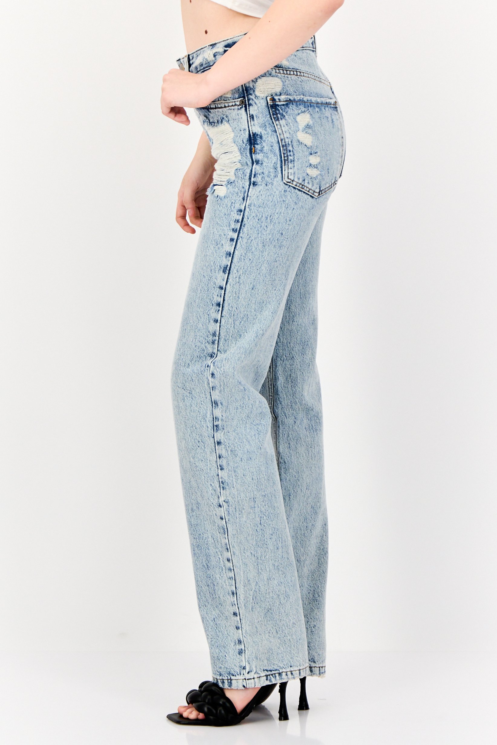 Women Straight Fit Mid Waist Distressed Non-Stretchable Denim, Blue