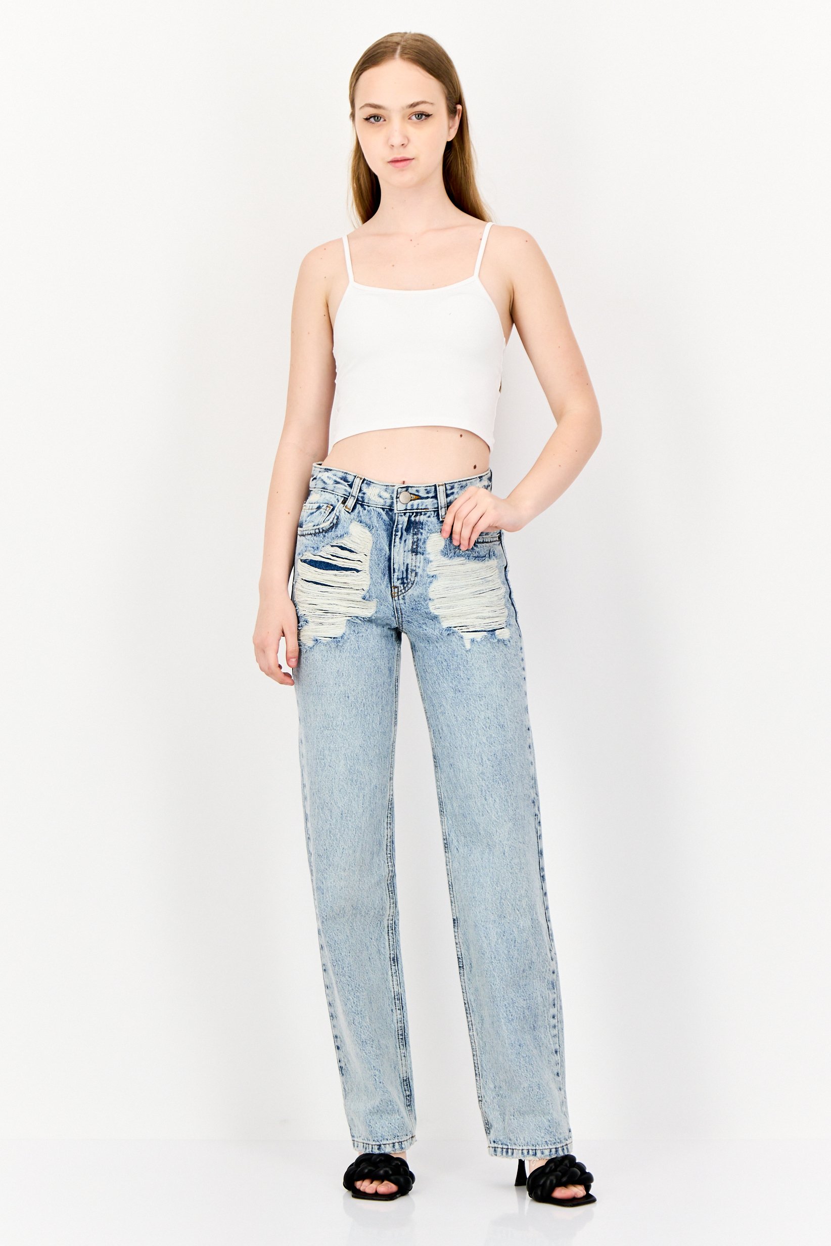 Women Straight Fit Mid Waist Distressed Non-Stretchable Denim, Blue