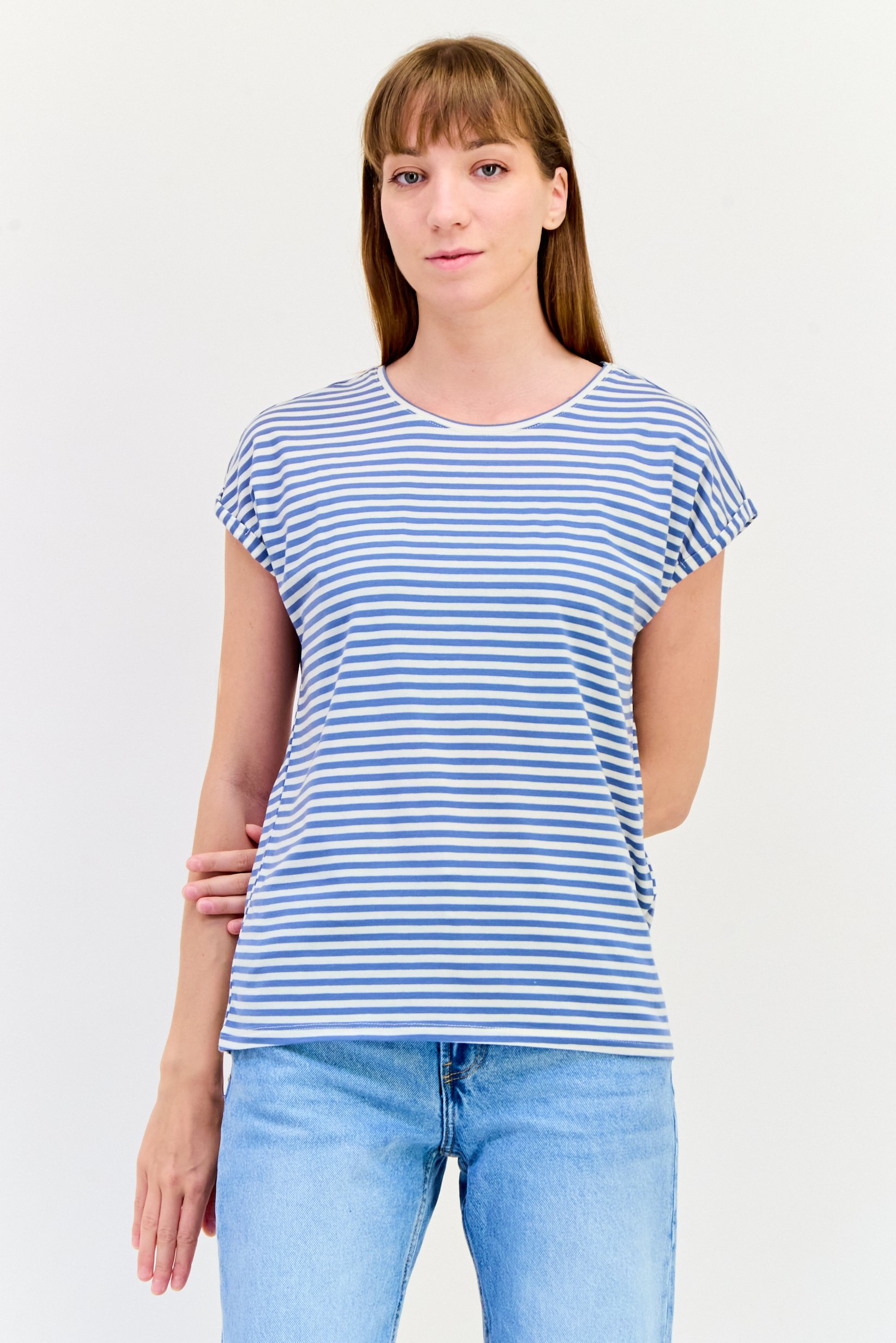 Women Round Neck Cap Sleeves Yarn Dye T-Shirt, Multicolor