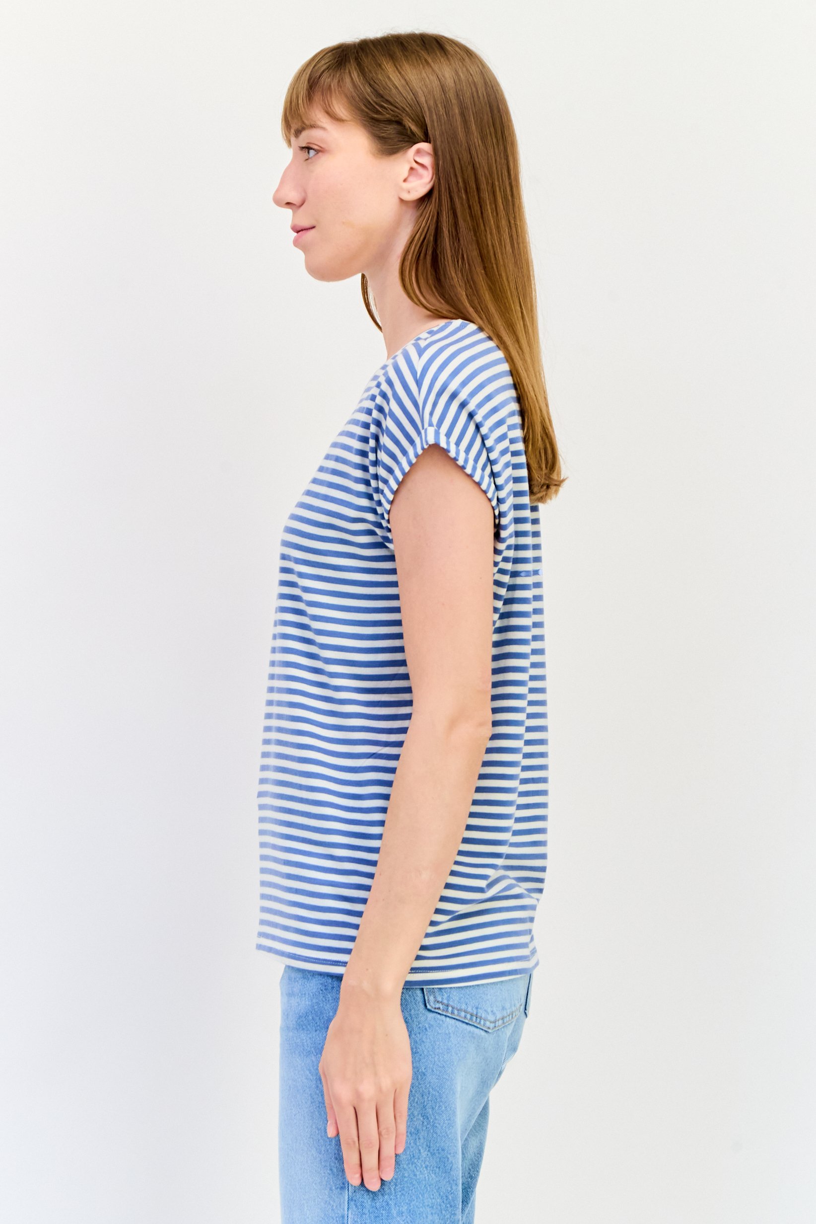 Women Round Neck Cap Sleeves Yarn Dye T-Shirt, Multicolor