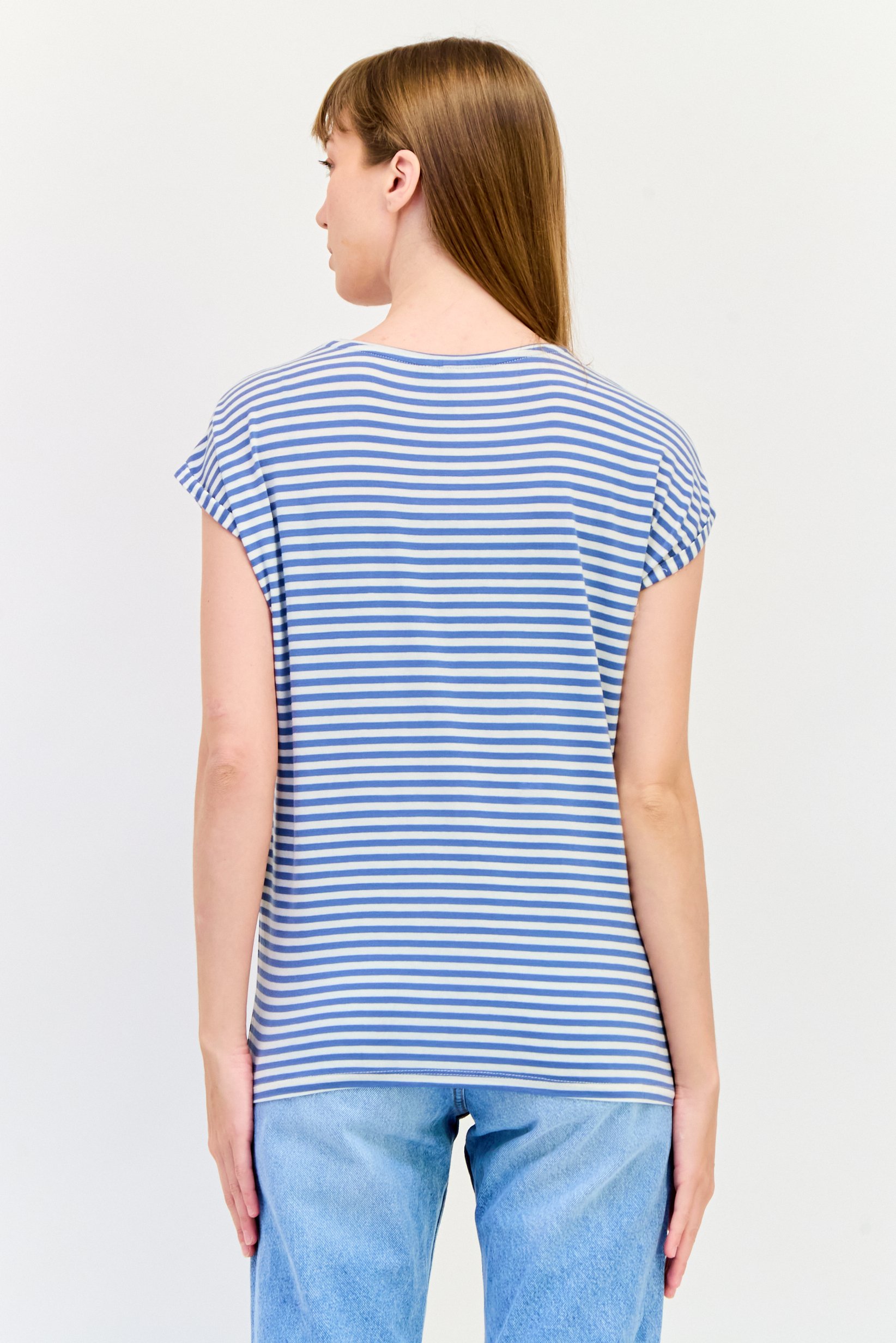 Women Round Neck Cap Sleeves Yarn Dye T-Shirt, Multicolor
