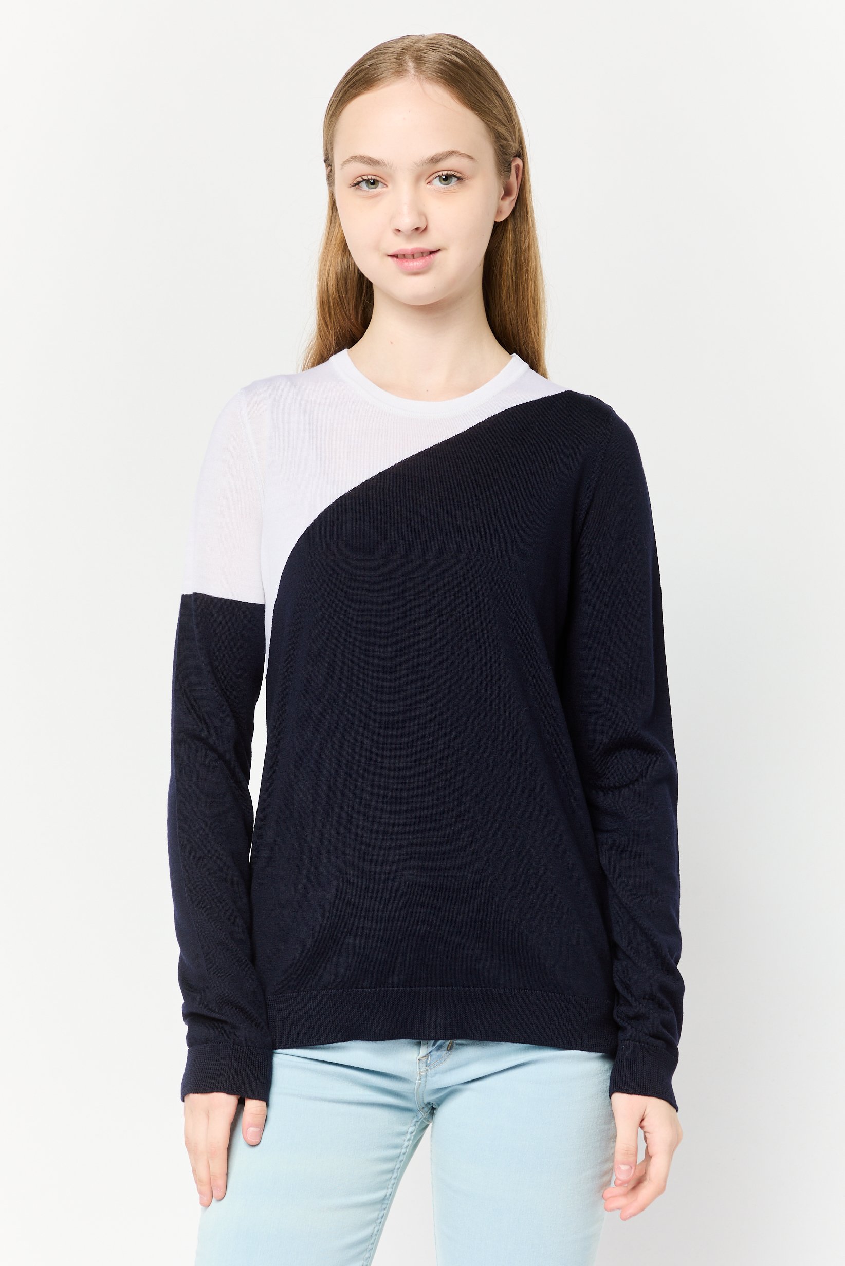 Women Crew Neck Two-Tone Sweater, Navy