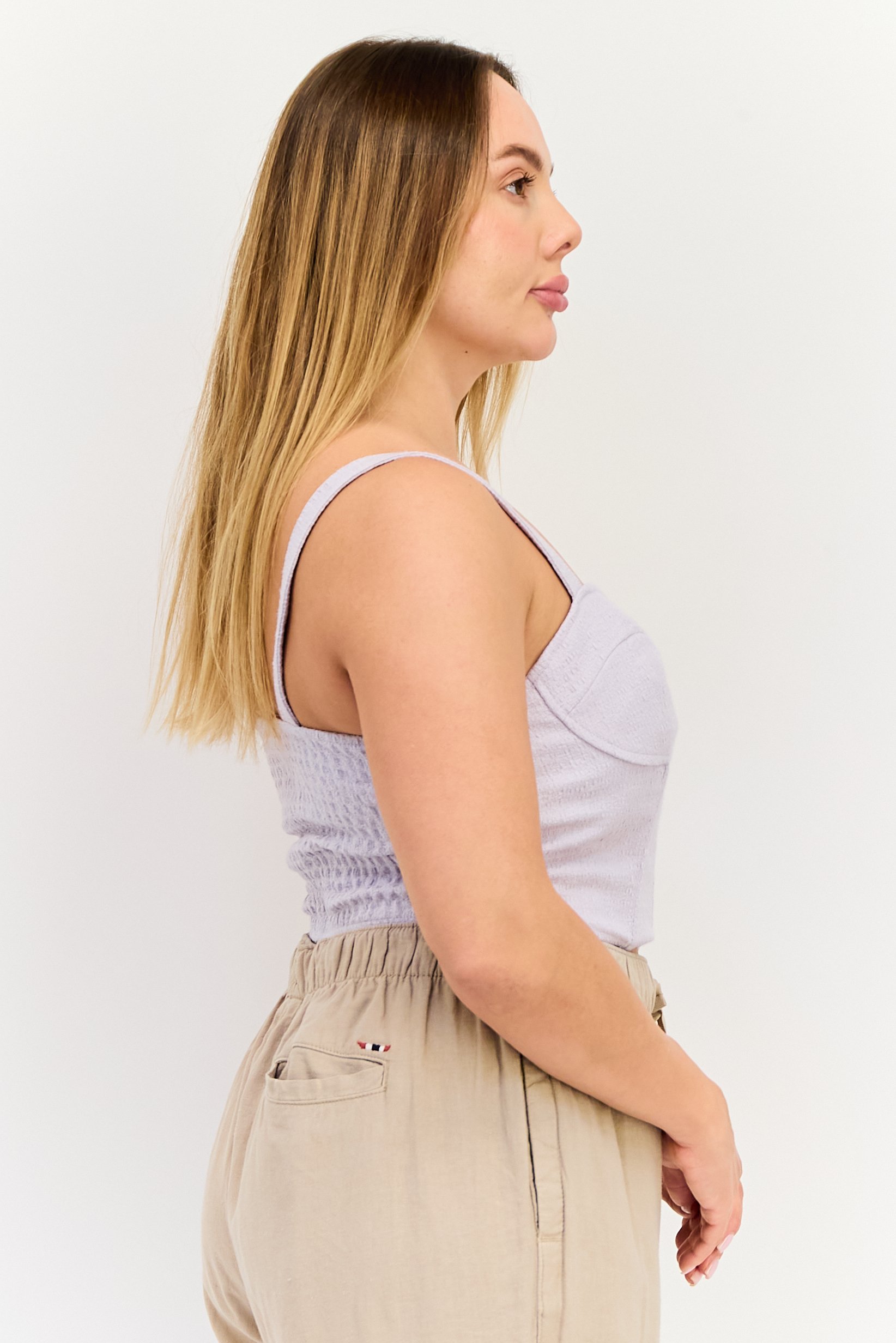 Women Queen Anne Neck Sleeveless Textured Tank Top, Lavender