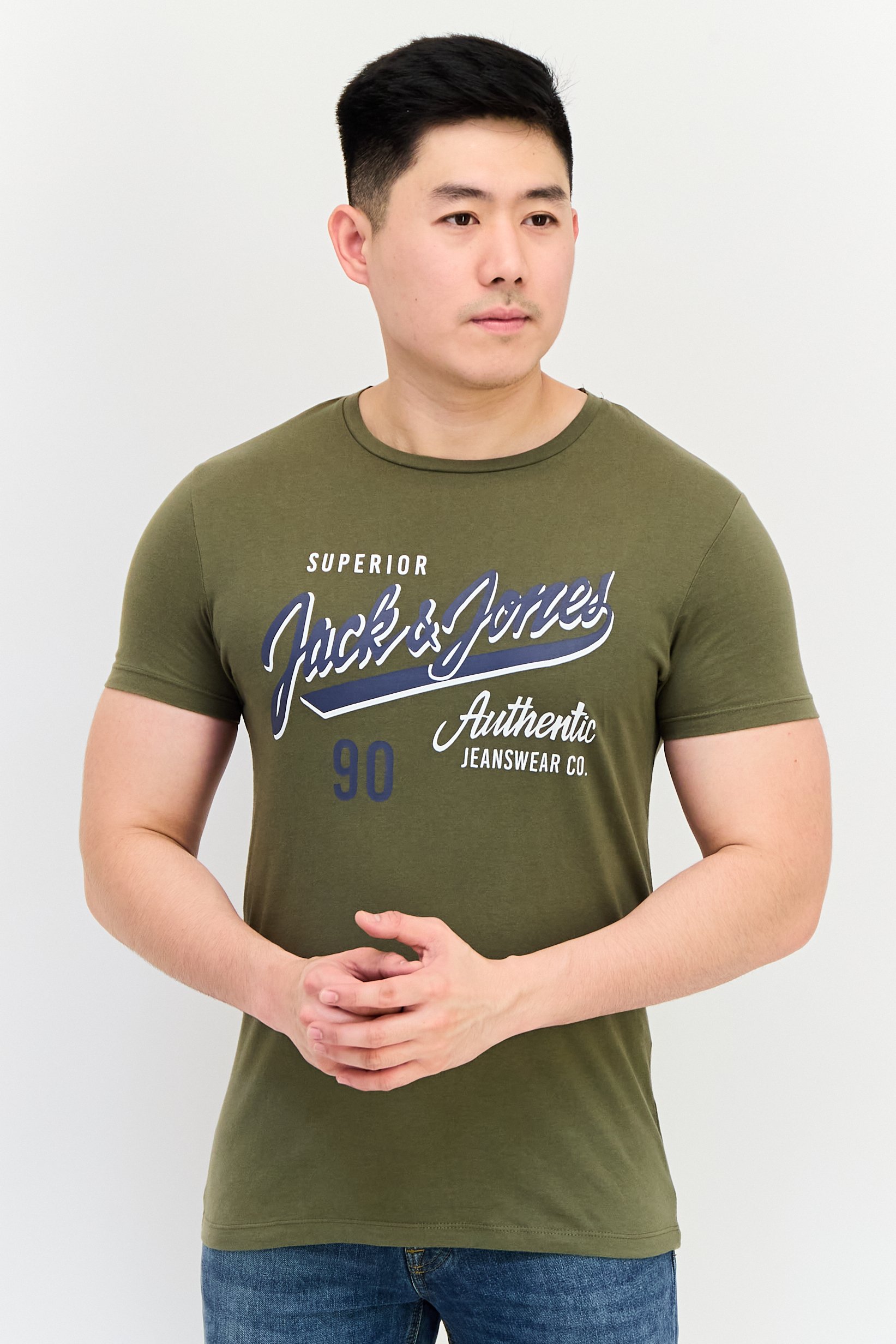 Men Crew Neck Short Sleeves Graphic Print T-Shirt, Olive