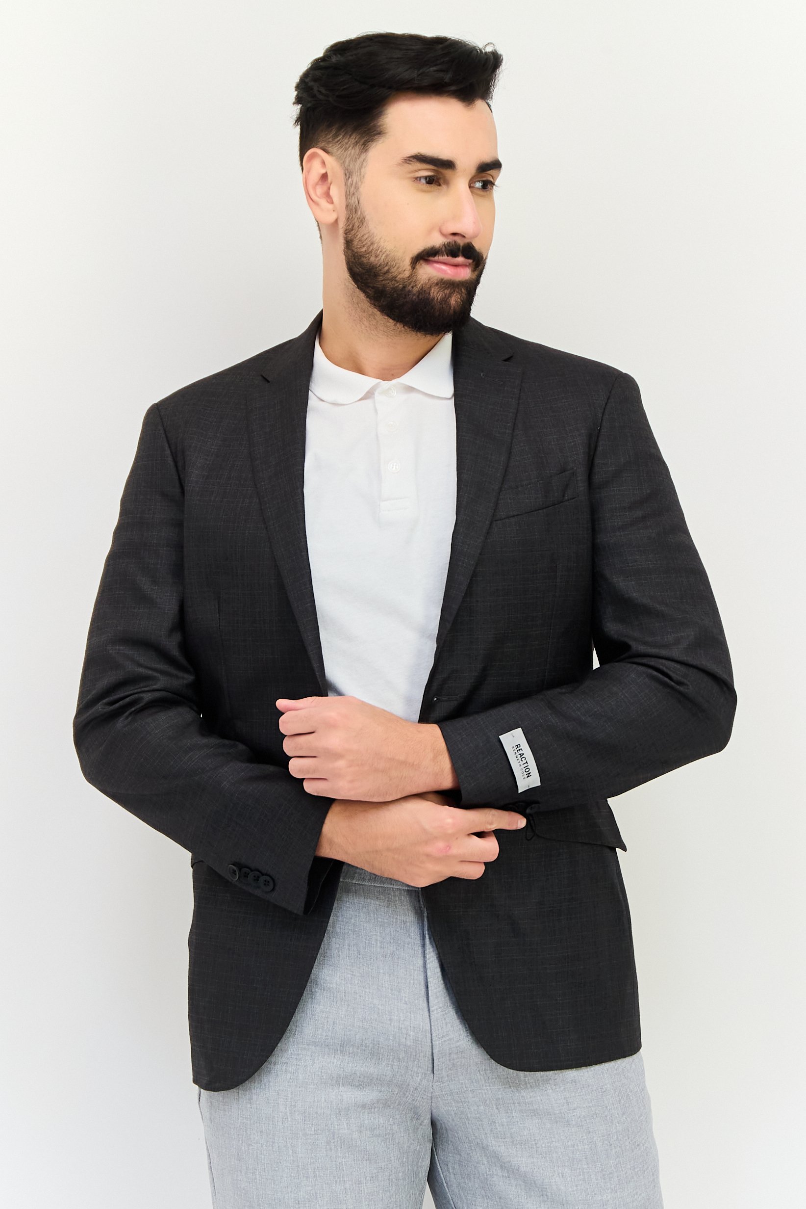 Reaction x Kenneth Cole Men Regular Fit Plain Casual Blazer, Dark Grey