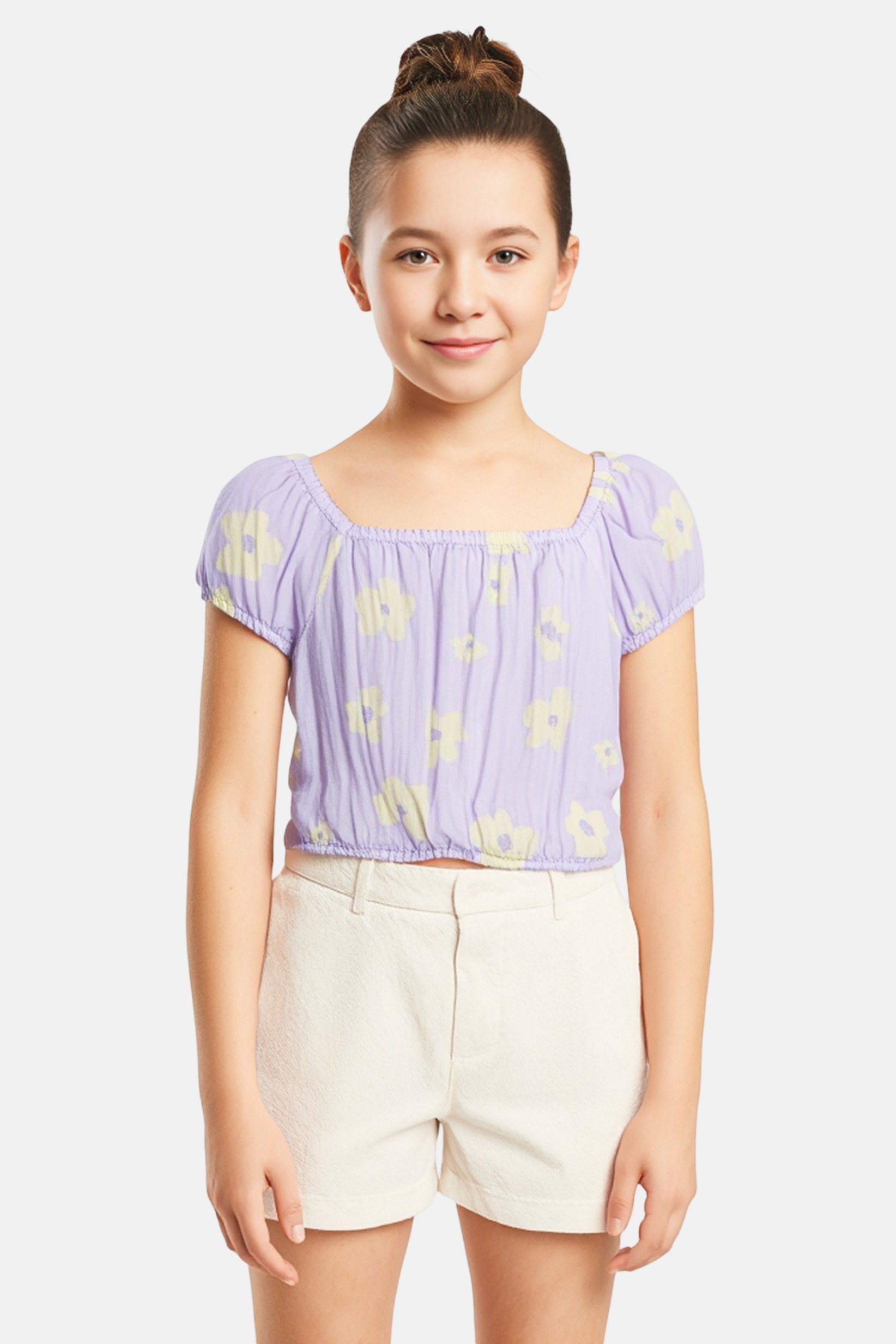Kids Girl Square Neck Short Sleeves Floral Top, Multicolor