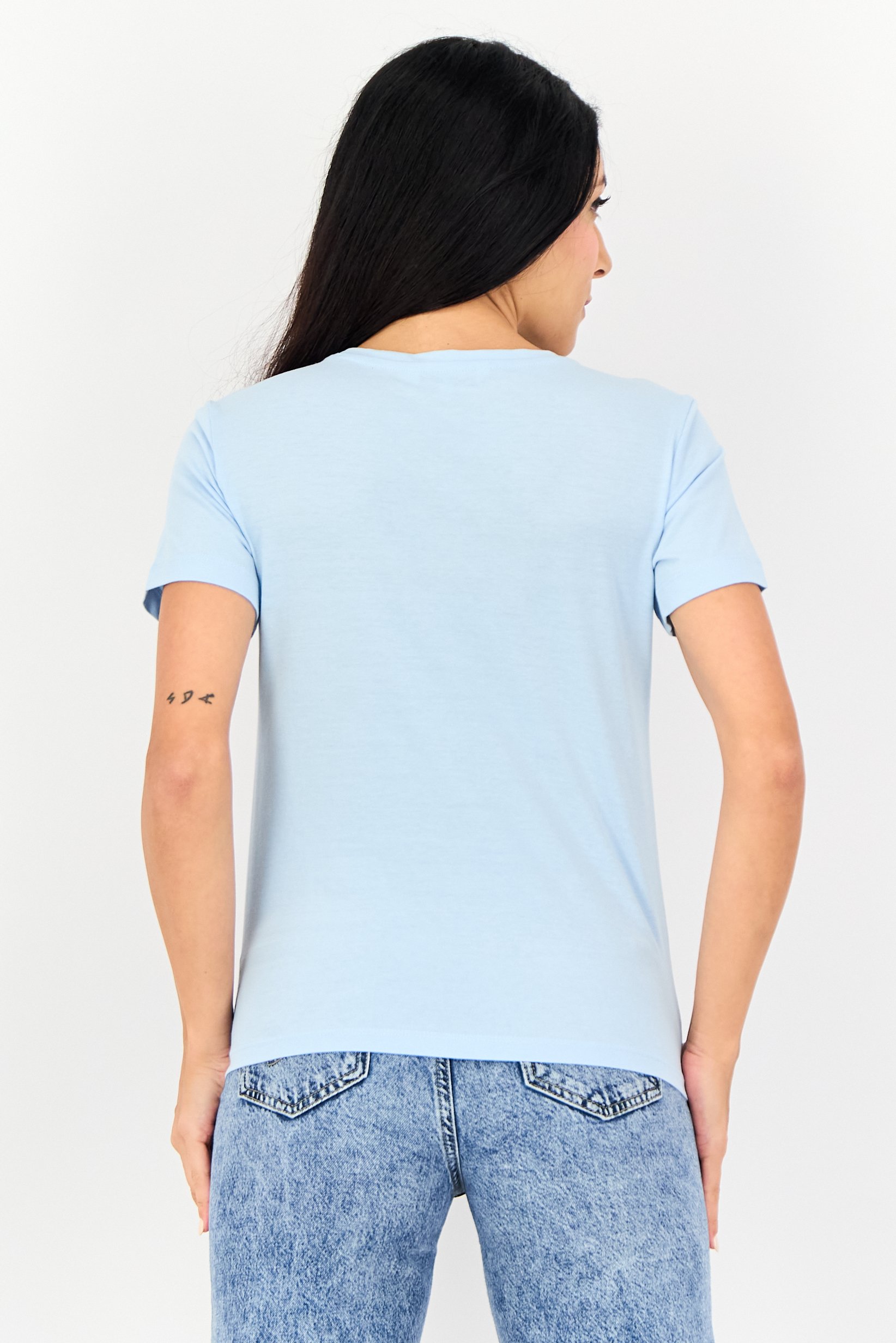 Women Crew Neck Short Sleeve Graphic Print T-Shirt, Light Blue