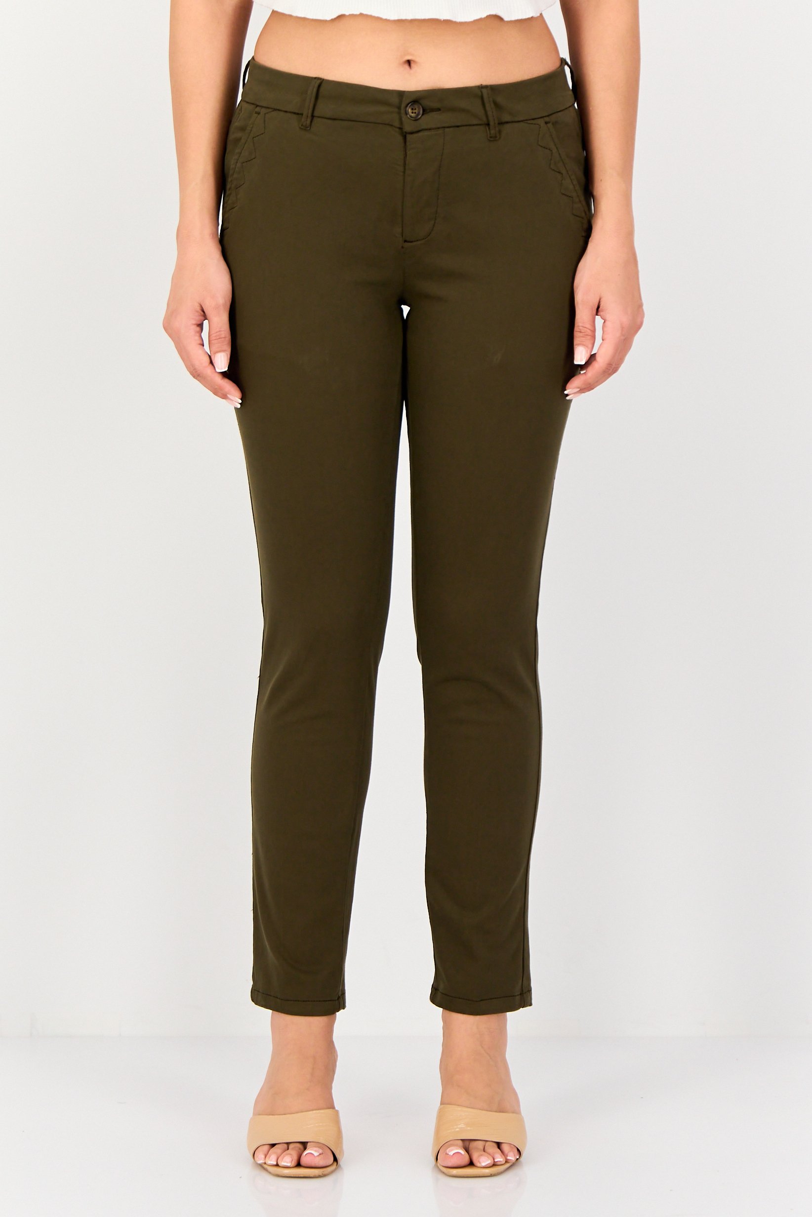 Women Chino Fit Plain Straight Leg Pants, Olive