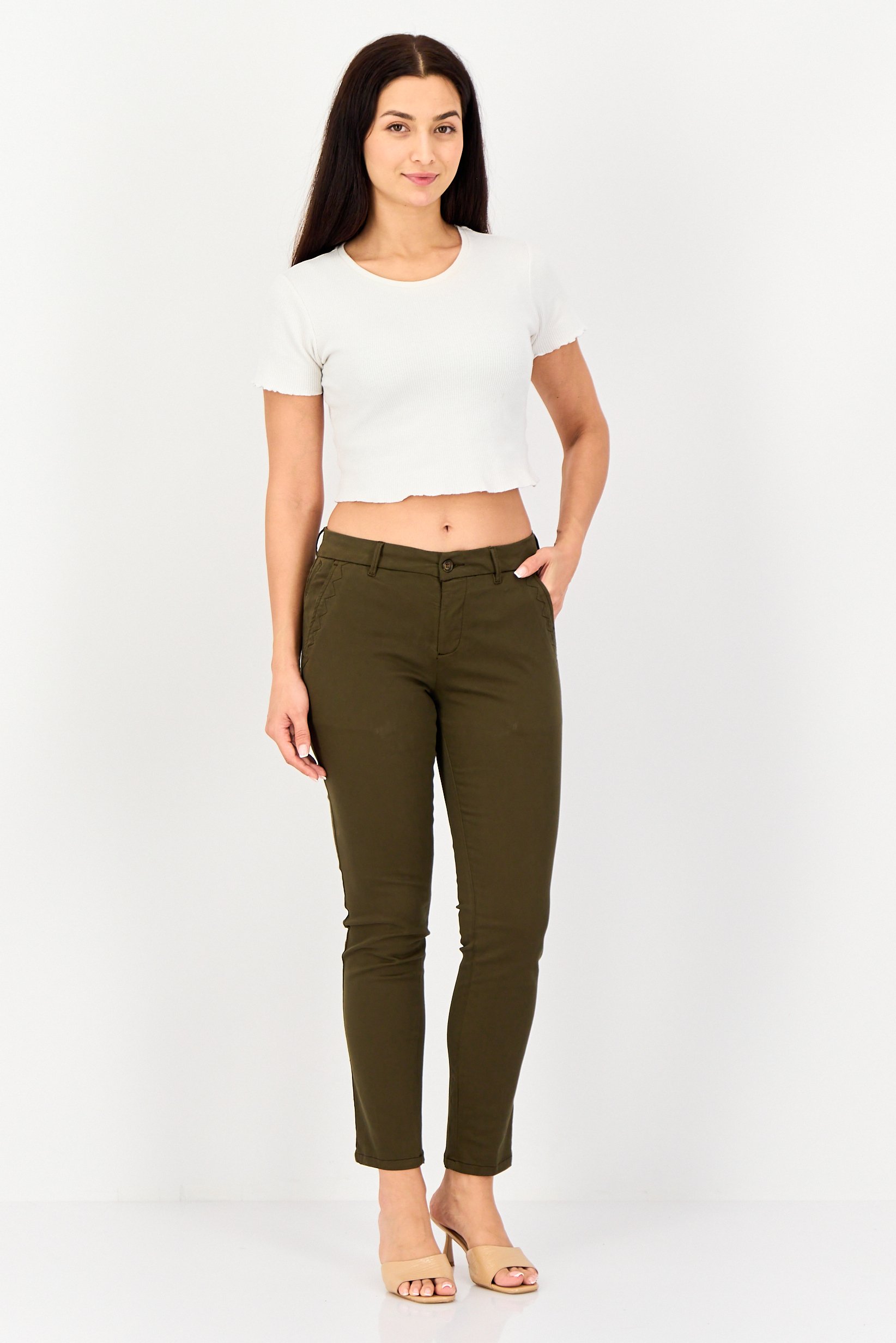 Women Chino Fit Plain Straight Leg Pants, Olive