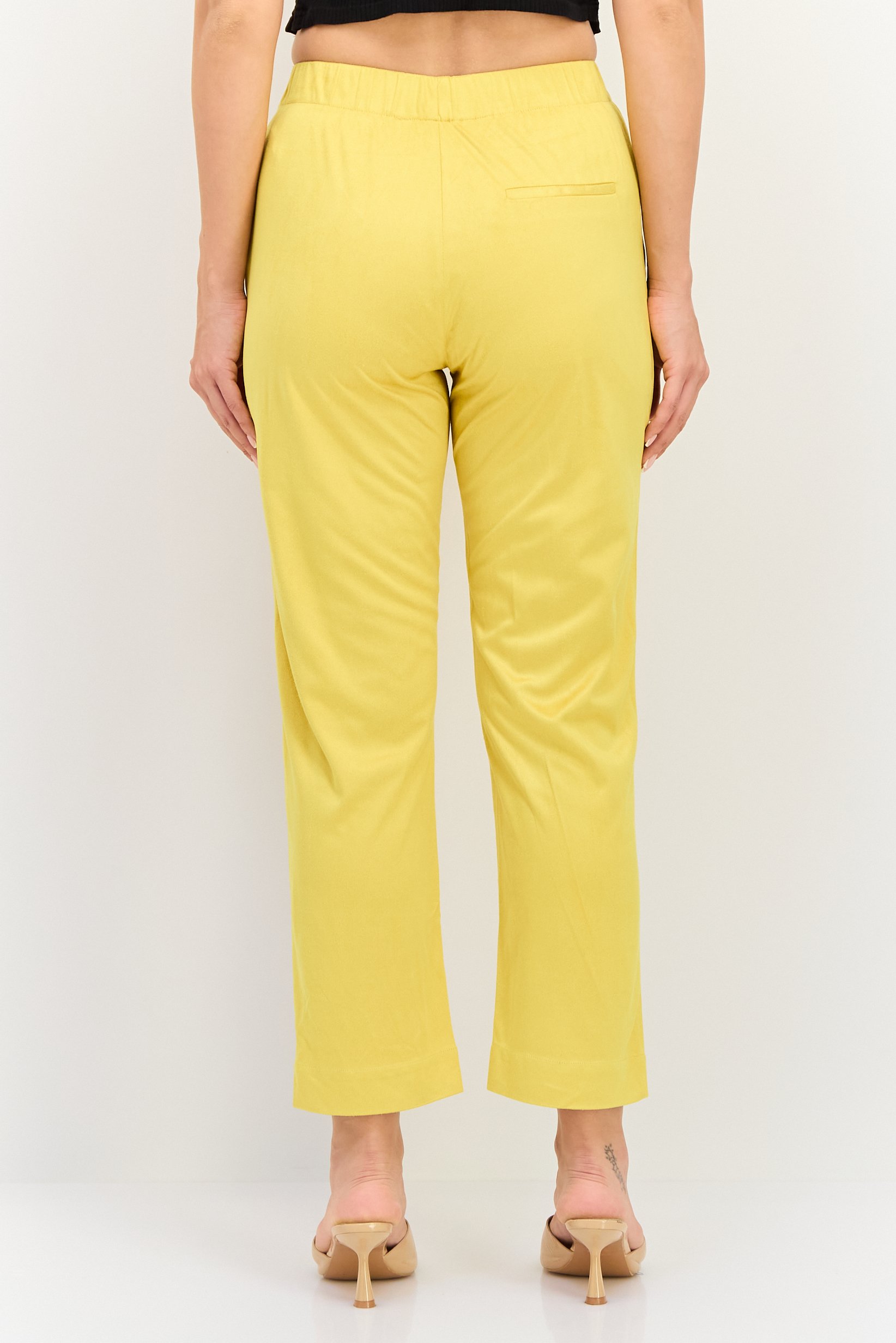 Women Street Fit Textured Straight Leg Pants, Mustard Yellow