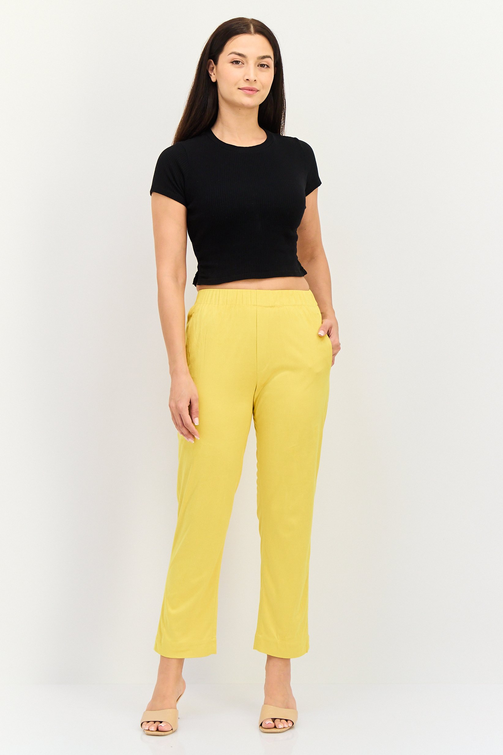 Women Street Fit Textured Straight Leg Pants, Mustard Yellow