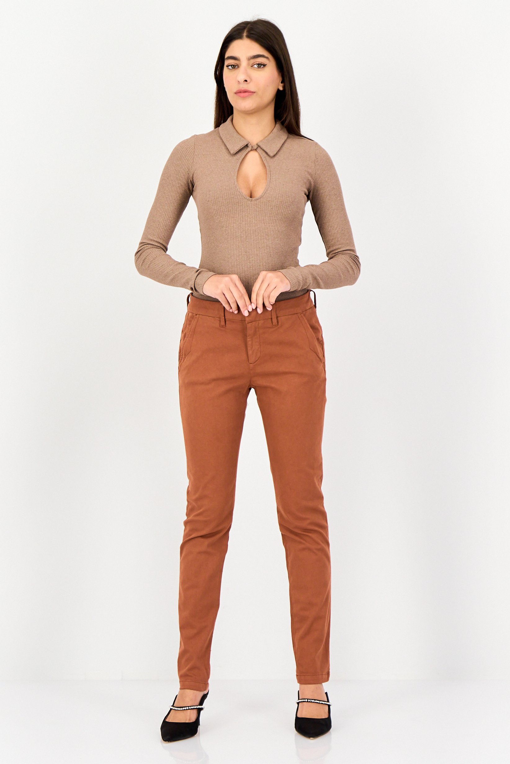 Women Skinny Fit Solid Skinny Pants, Brown