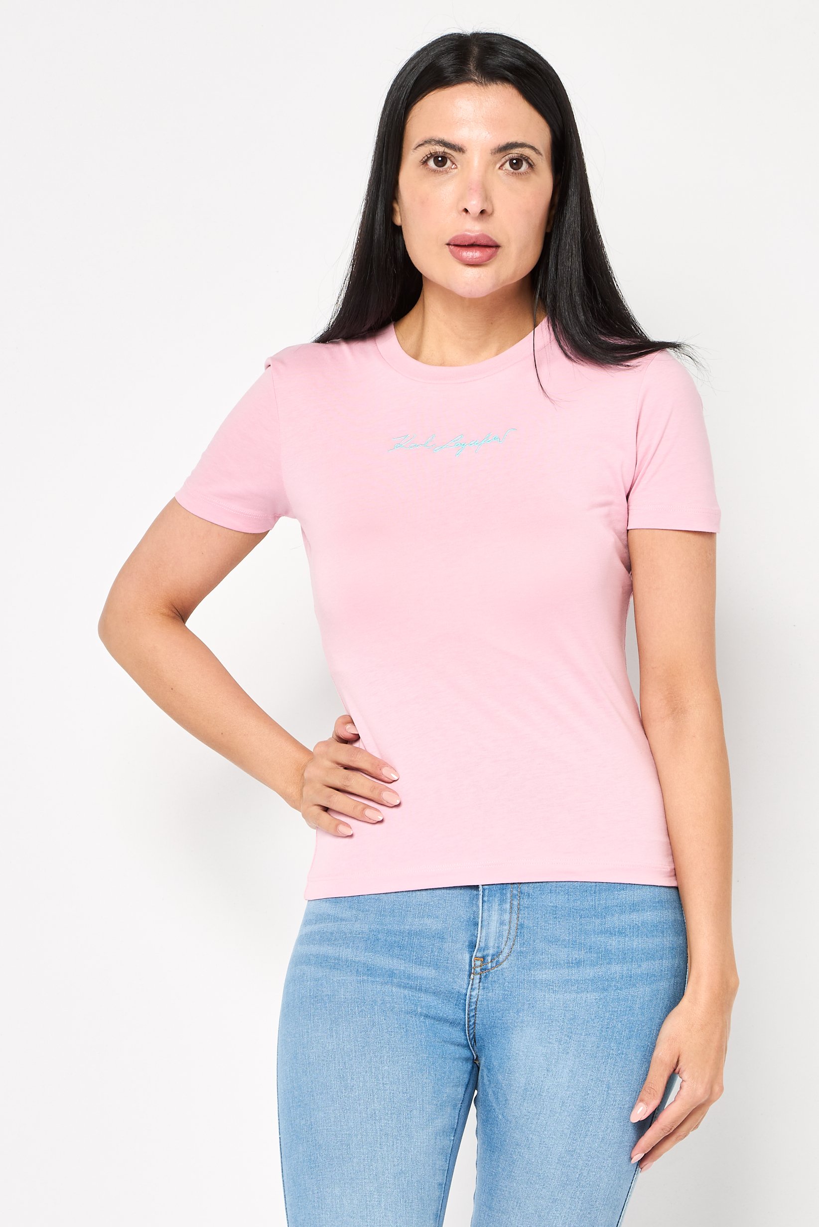 Women Round Neck Short Sleeve Embroidered Logo T-Shirt, Pink