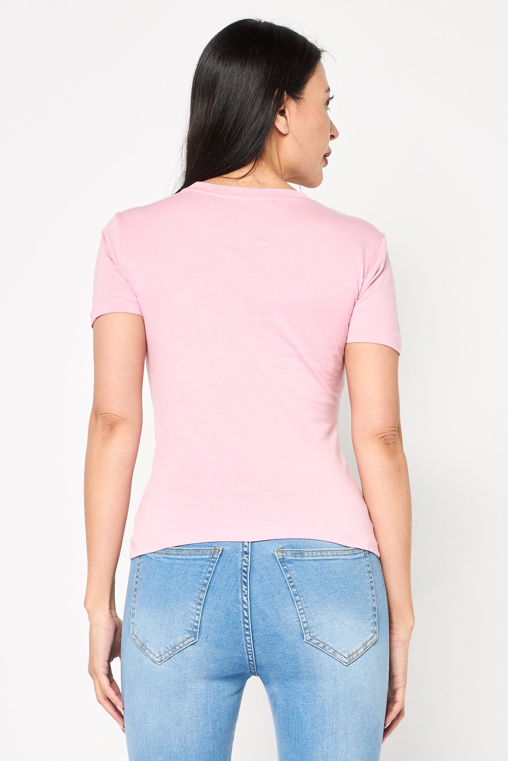 Women Round Neck Short Sleeve Embroidered Logo T-Shirt, Pink