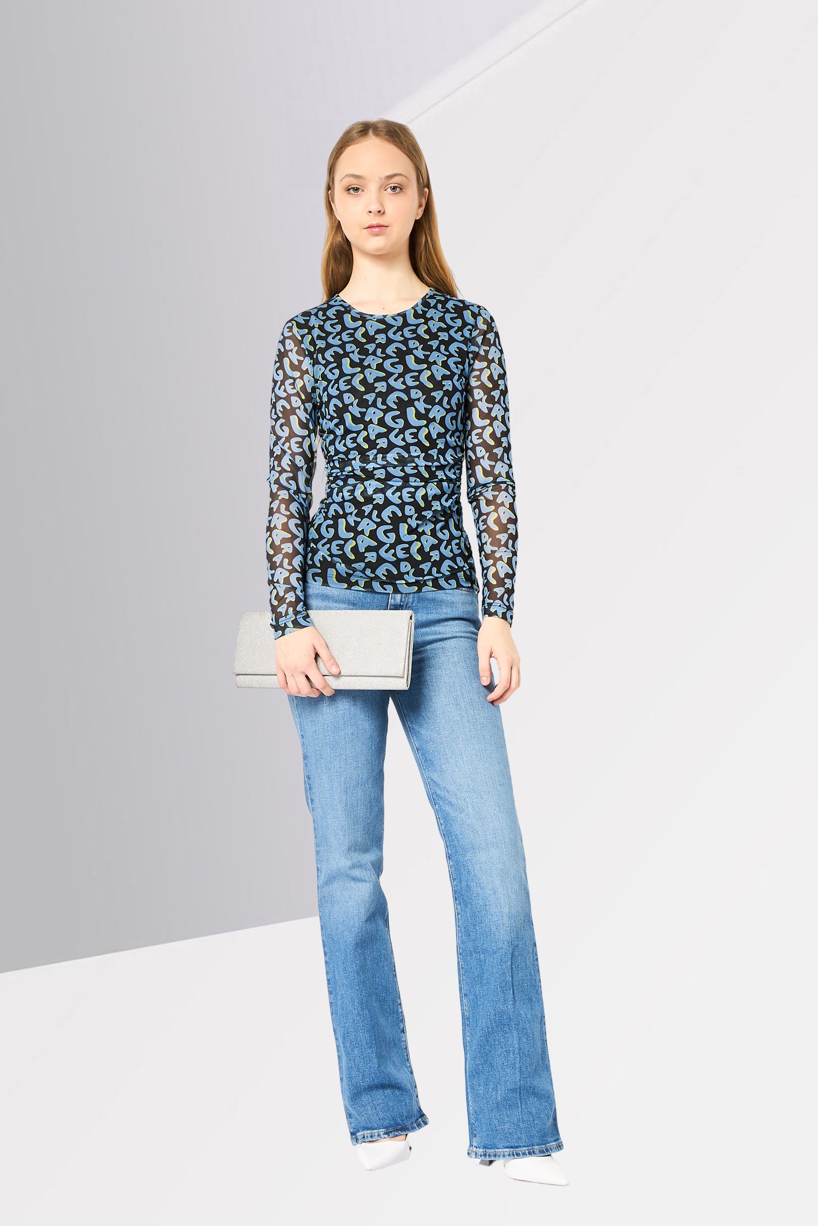 Women Round Neck Long Sleeve Allover Print Top, Multicolor