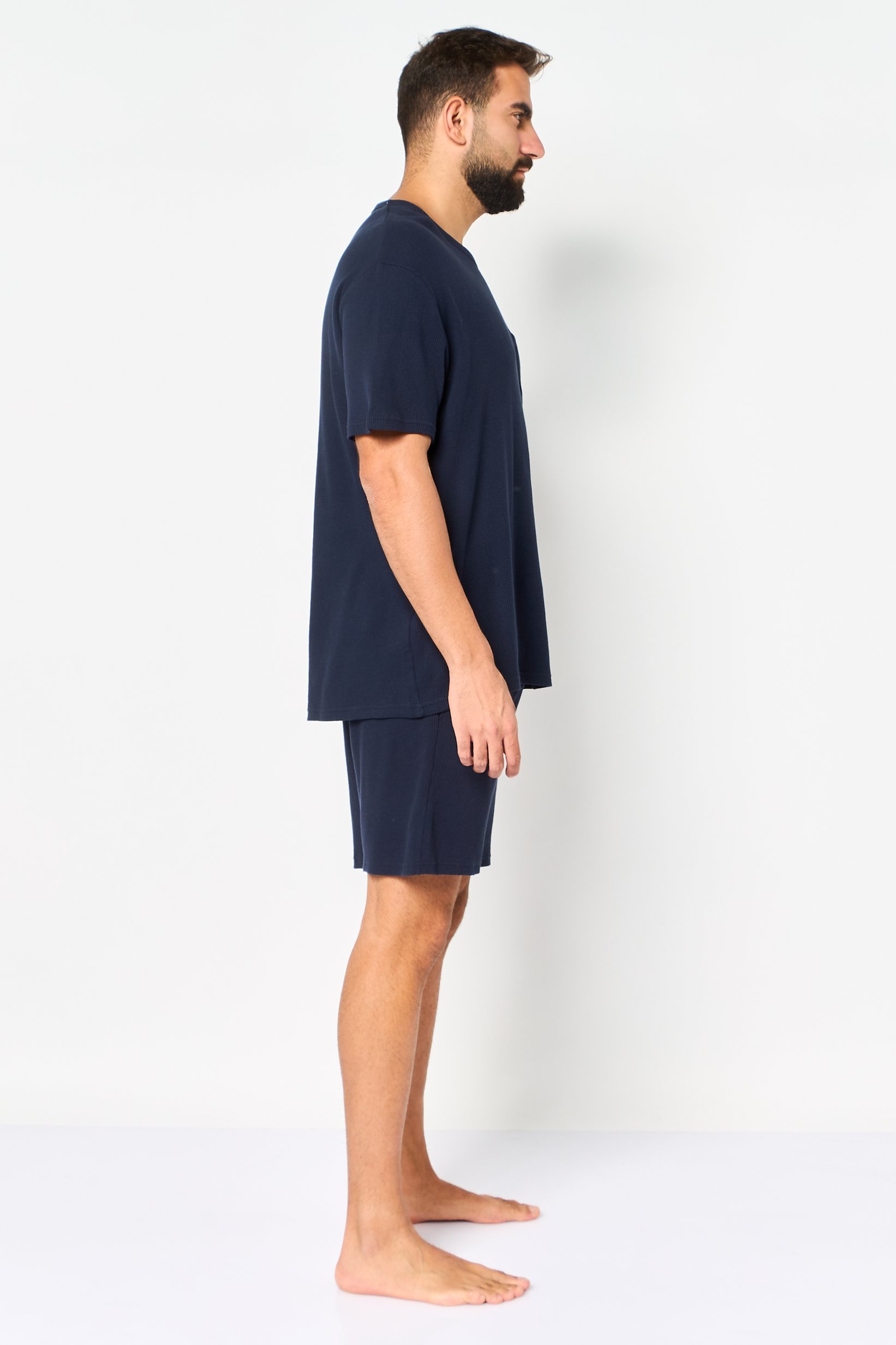 Men 2 Pcs Textured T-Shirt And Short Pyjama Set, Navy
