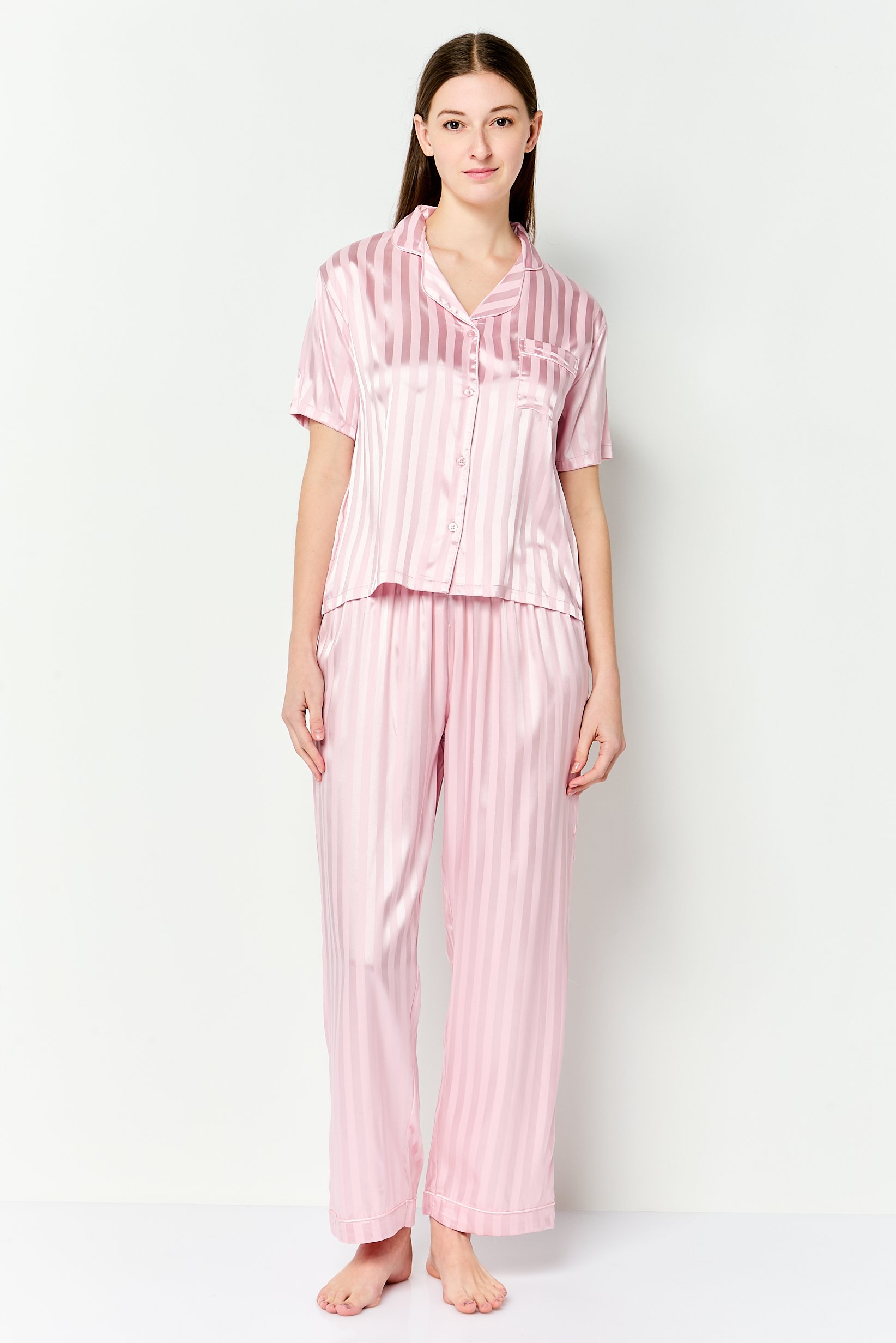 Women 2 Pieces Stripe Short Sleeve Pajamas Set, Pink
