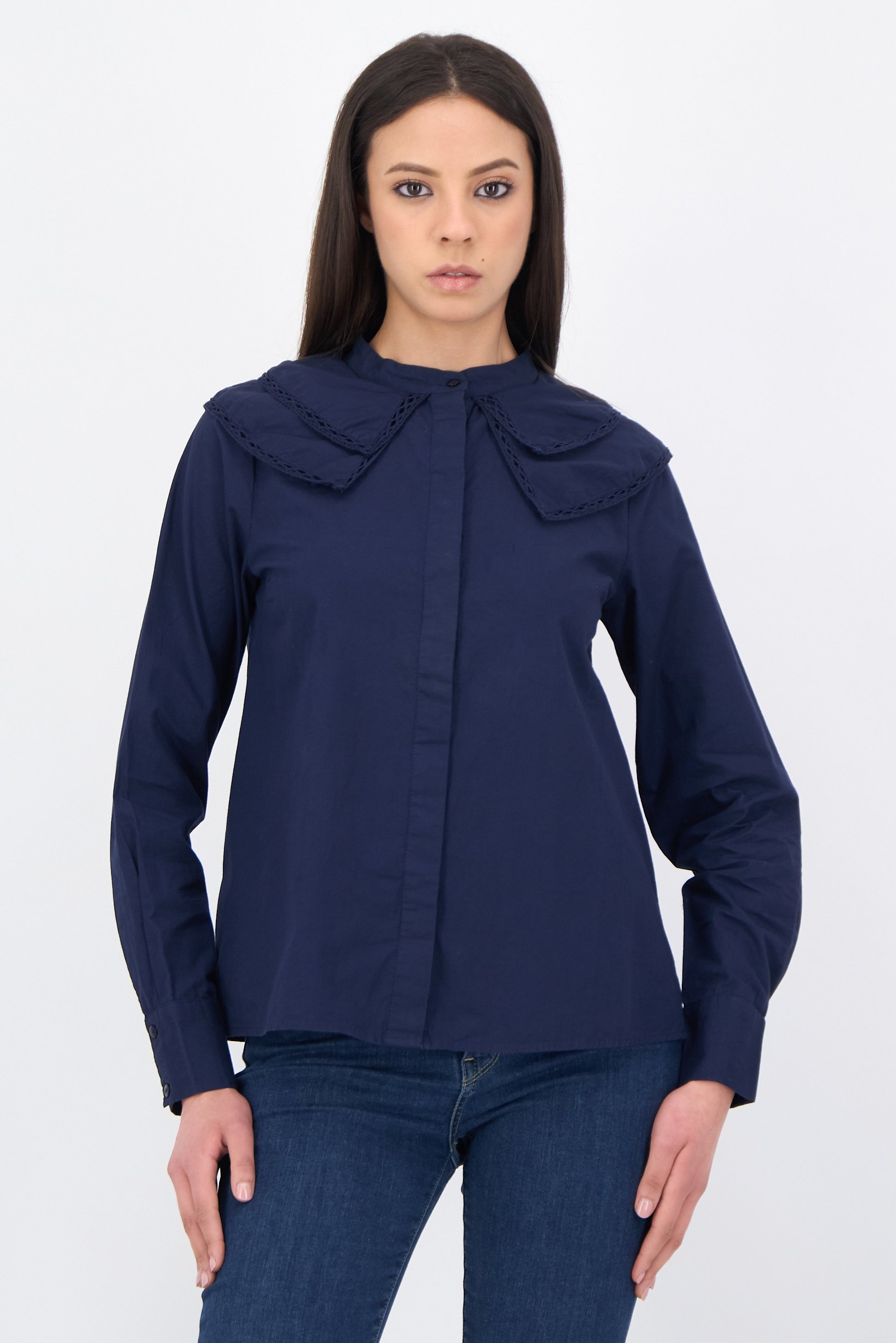 Women Mandarin Collar Long Sleeve Tiered Detail Shirts, Navy