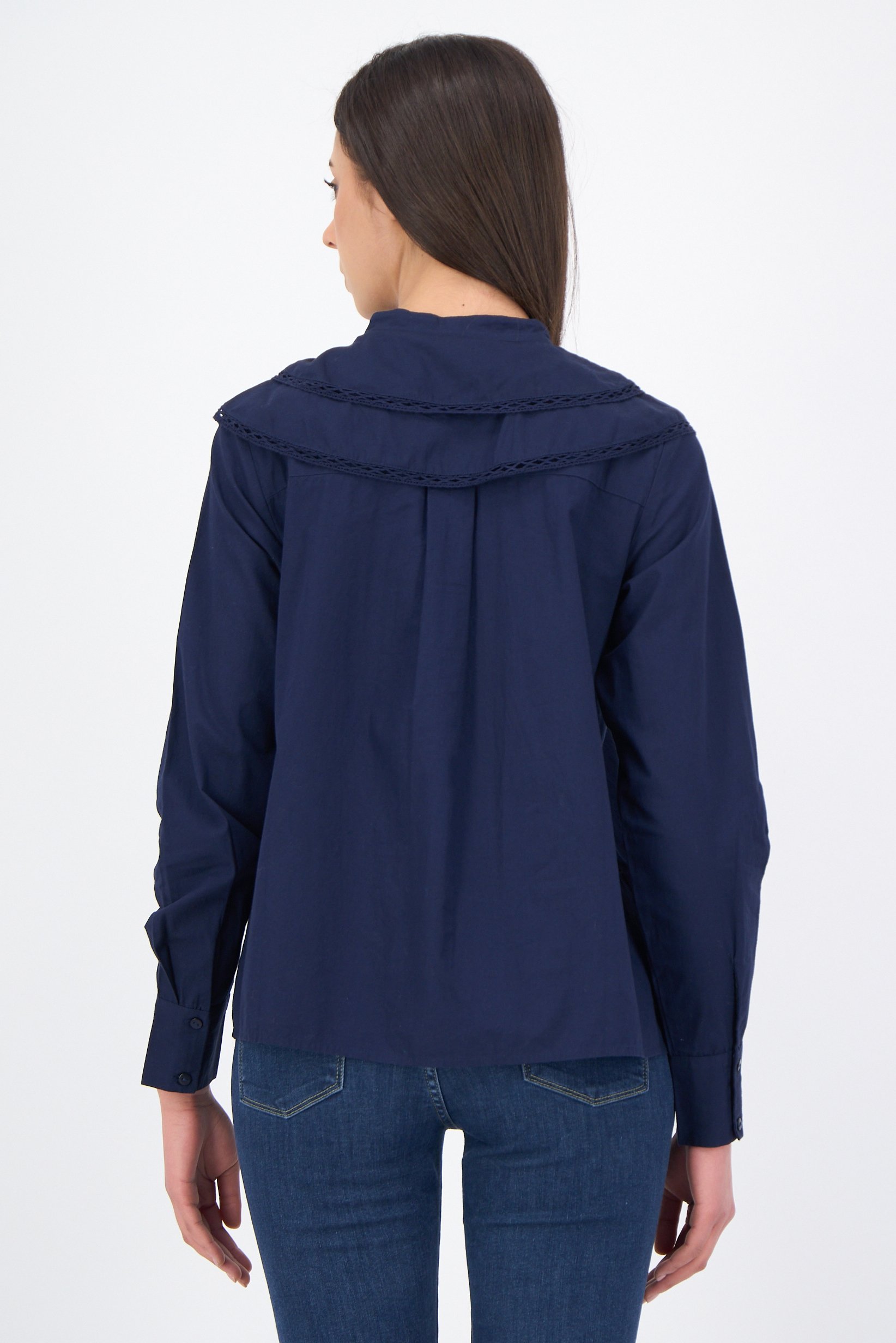 Women Mandarin Collar Long Sleeve Tiered Detail Shirts, Navy