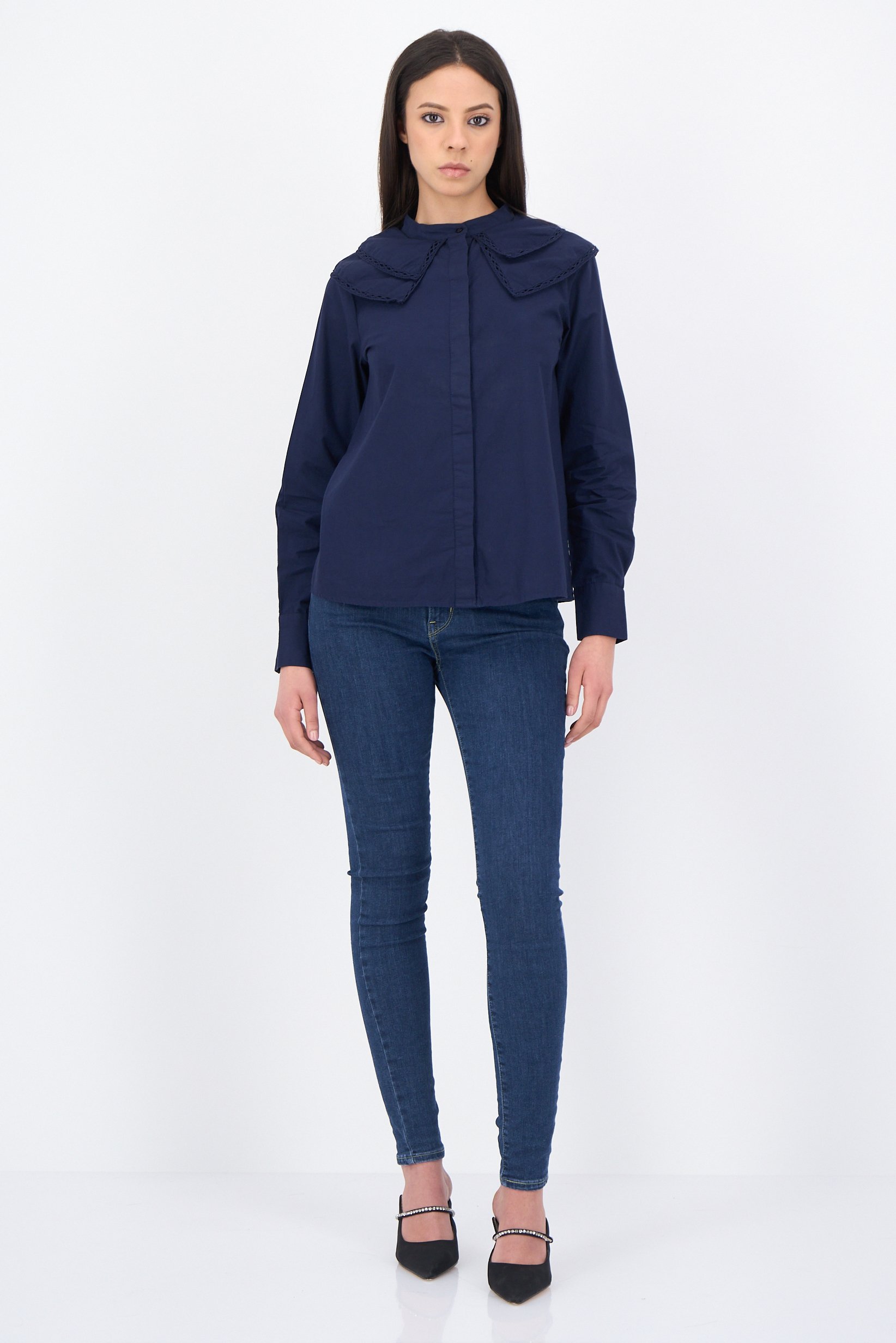 Women Mandarin Collar Long Sleeve Tiered Detail Shirts, Navy